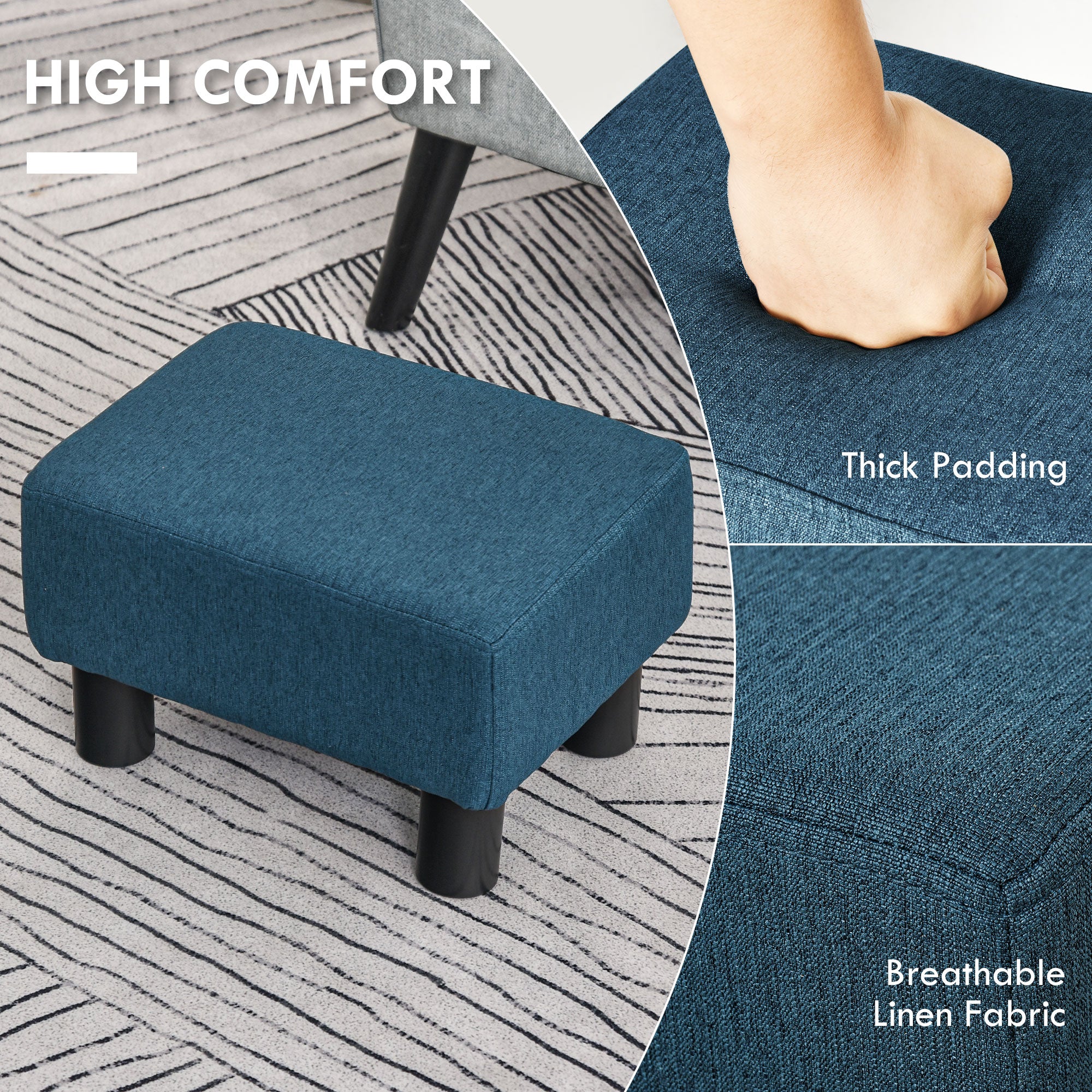 Small Ottoman Foot Rest with Linen Fabric Upholstery & Plastic Legs, Cube, Blue