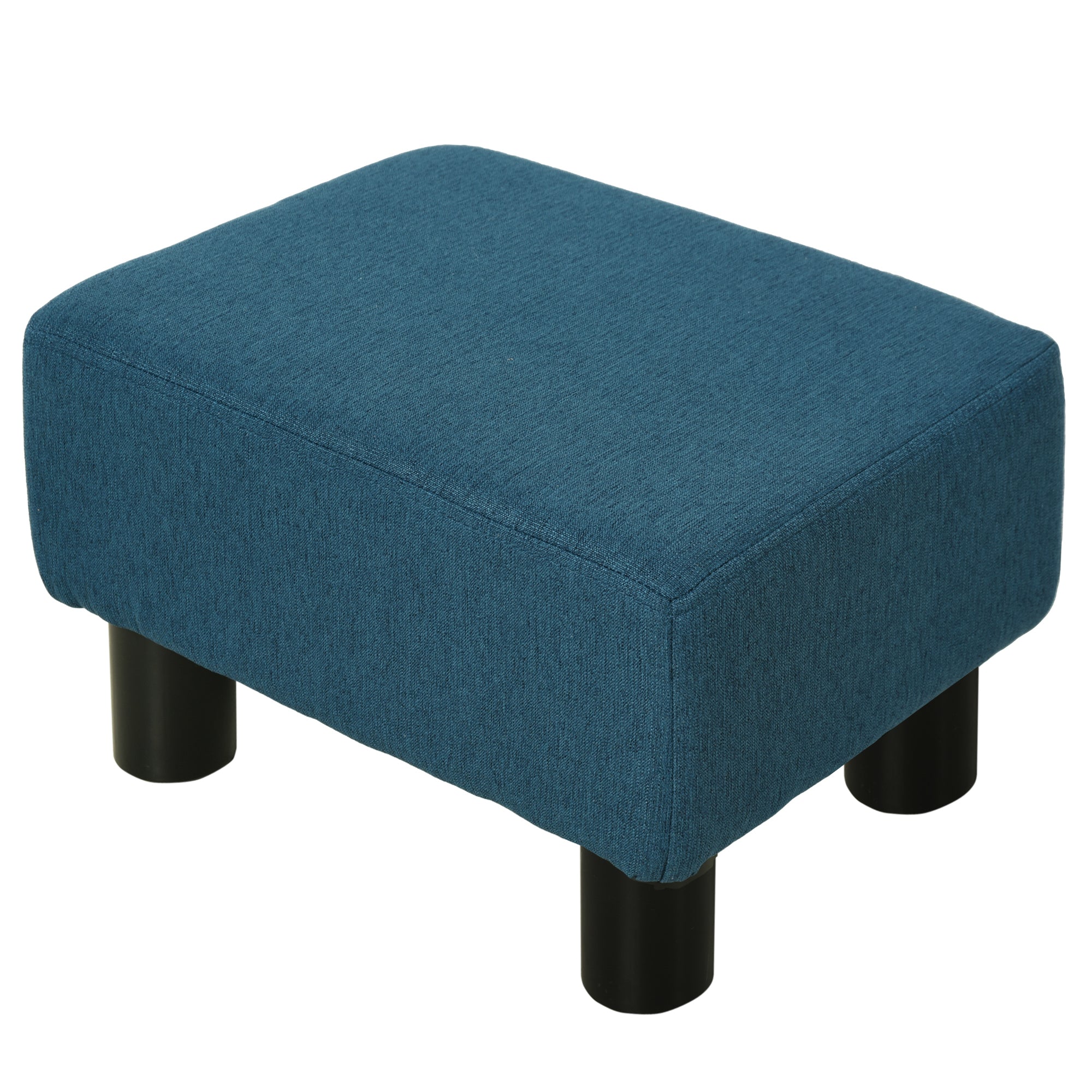 Small Ottoman Foot Rest with Linen Fabric Upholstery & Plastic Legs, Cube, Blue