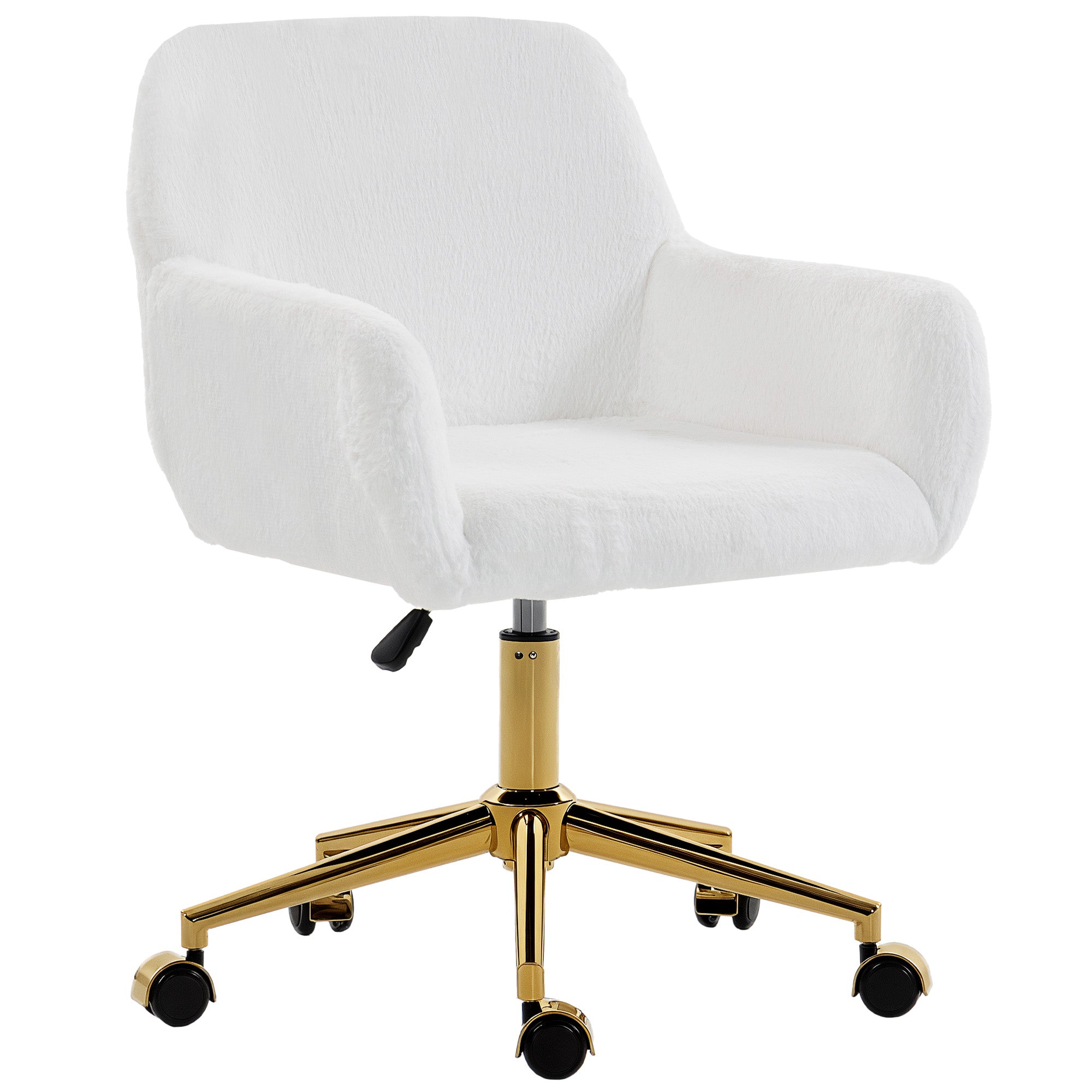Swivel Office Chair, Faux Rabbit Fur Upholstered Vanity Desk Chair with Adjustable Height, Armrests and Wheels for Office, Makeup, Dressing Table, Cream White
