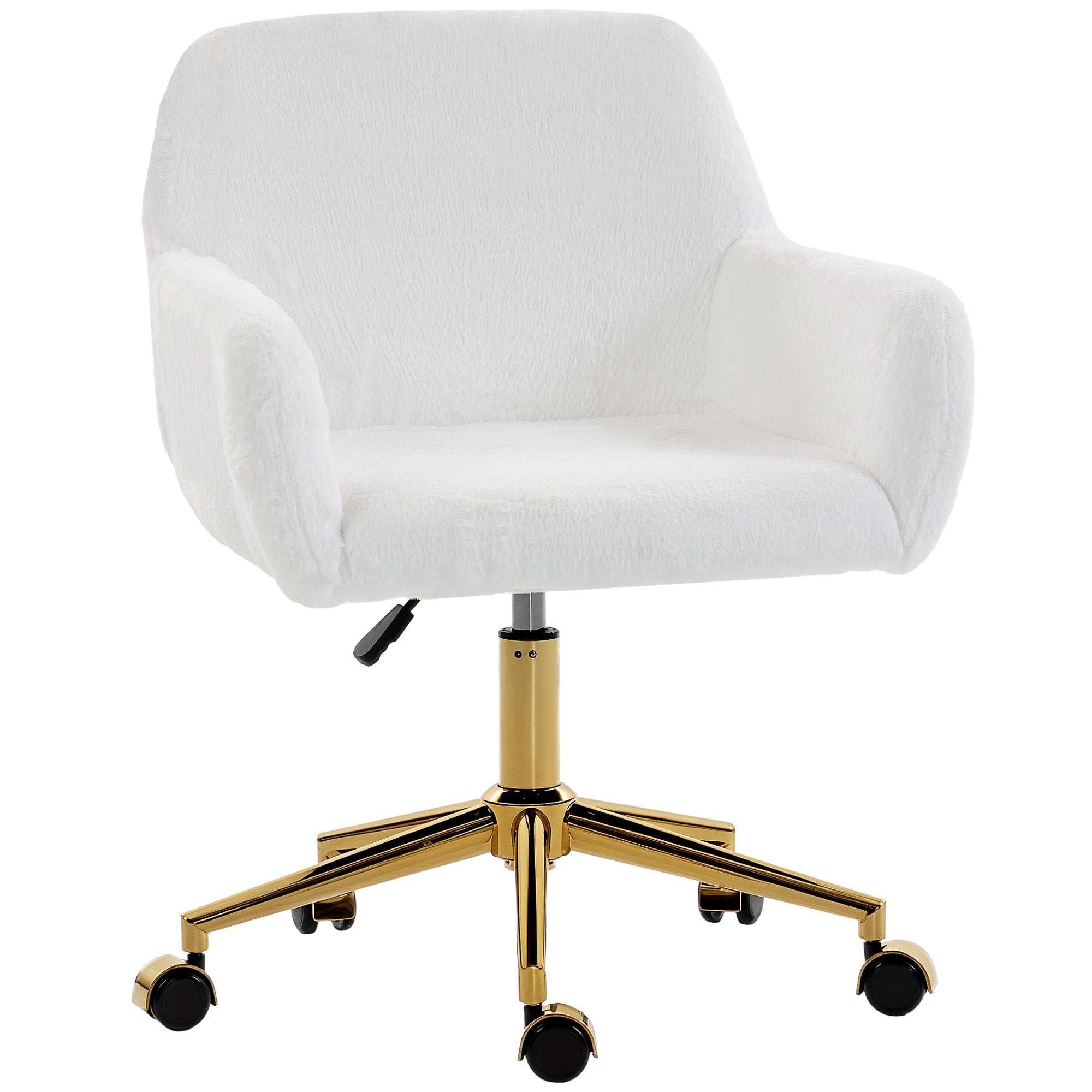 Swivel Office Chair, Faux Rabbit Fur Upholstered Vanity Desk Chair with Adjustable Height, Armrests and Wheels for Office, Makeup, Dressing Table, Cream White