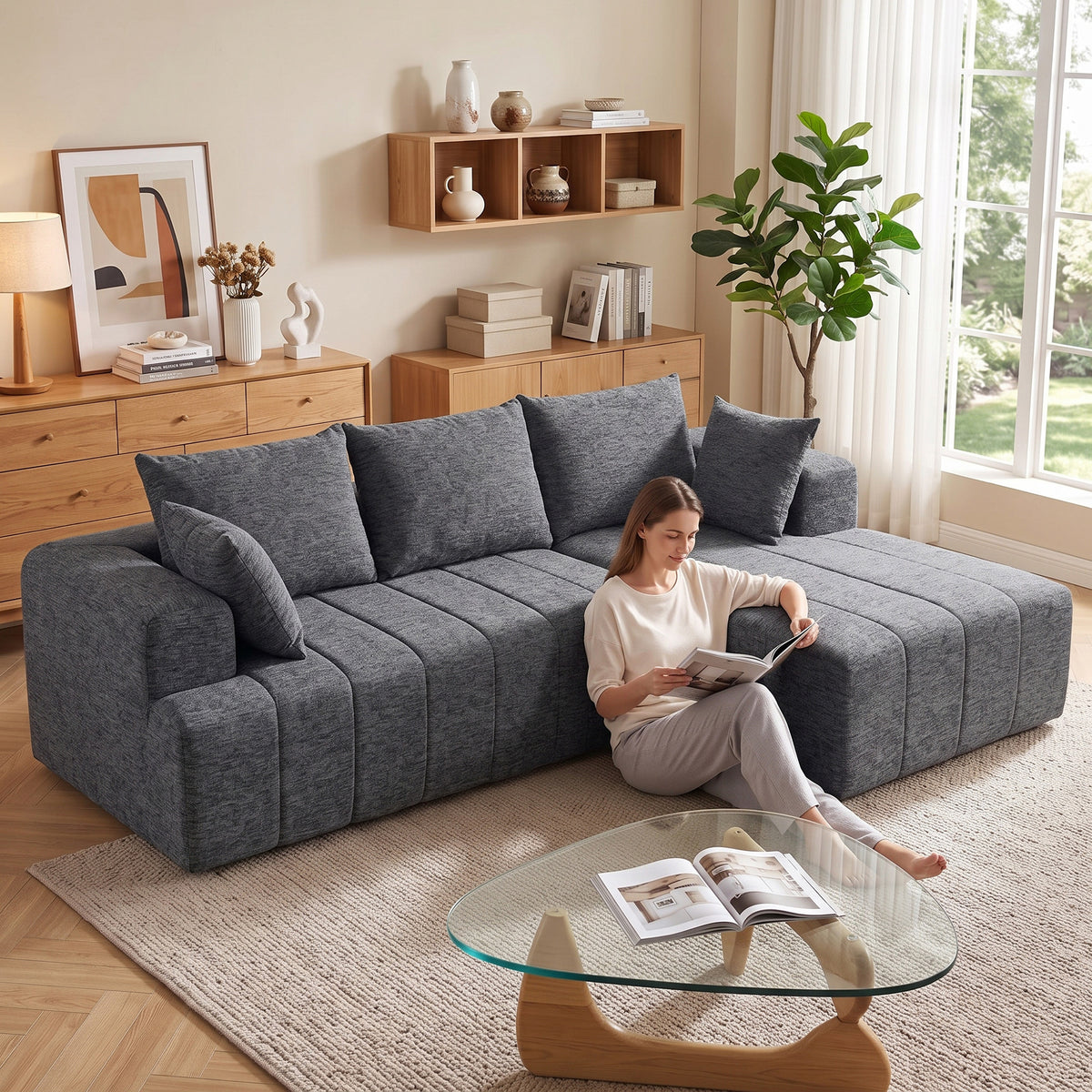 101" Modular Sectional Sofa with Chaise, Chenille Boneless Cloud Sofa Bed, 3 Seater L-Shaped Couch with Spring Cushion, Wide and Deep Seat, Wide Arms, No Assembly, Grey