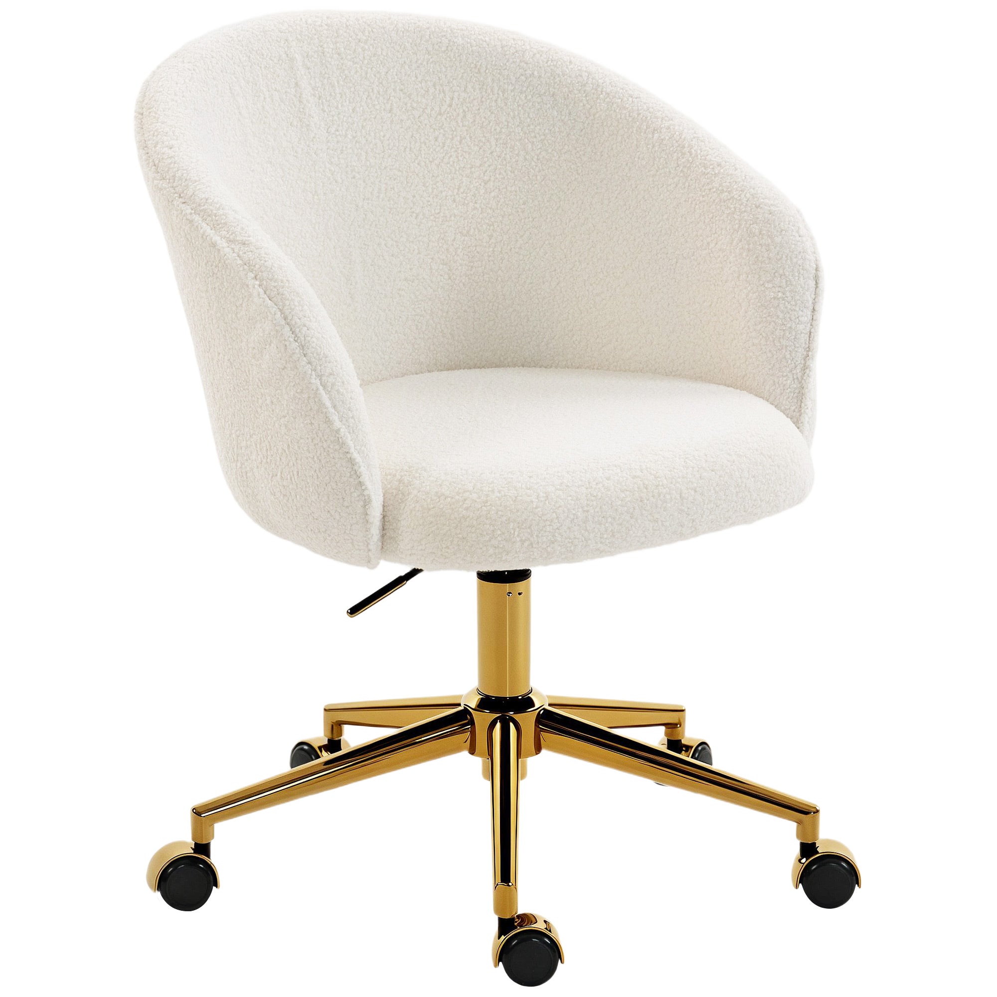 Swivel Office Chair, Teddy Fleece Upholstered Vanity Desk Chair with Adjustable Height, Rolling Wheels for Office, Makeup, Dressing Table, Cream White