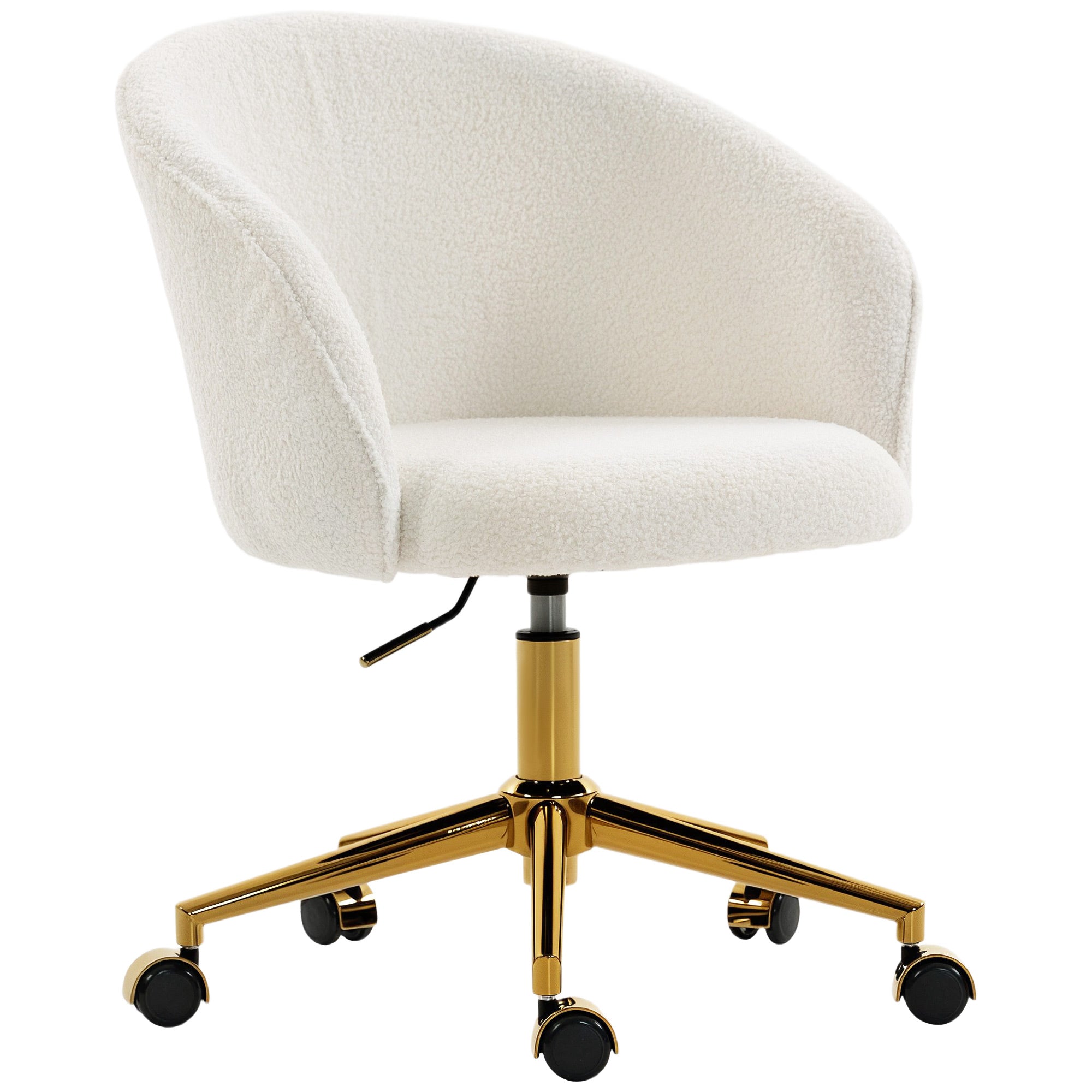 Swivel Office Chair, Teddy Fleece Upholstered Vanity Desk Chair with Adjustable Height, Rolling Wheels for Office, Makeup, Dressing Table, Cream White
