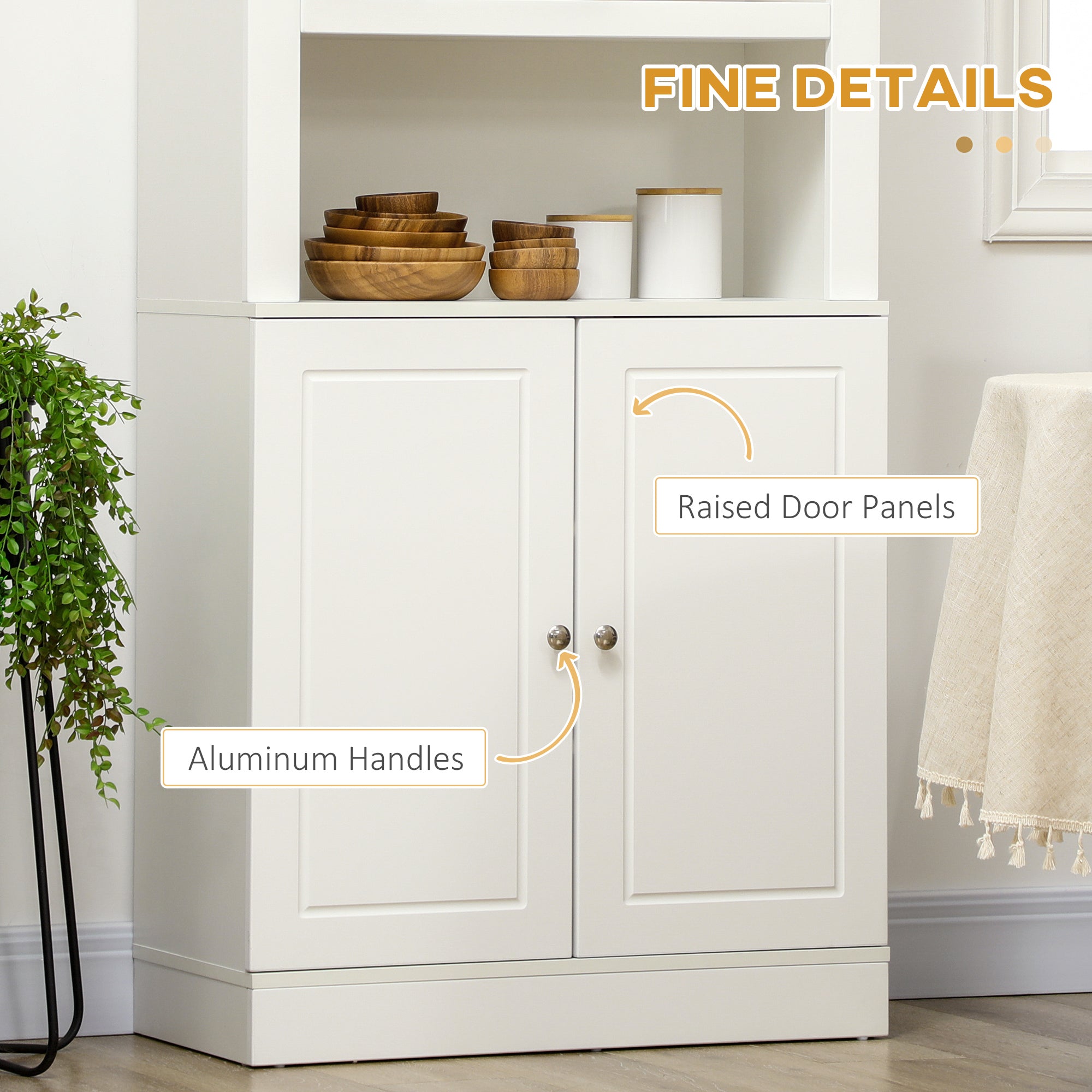 Kitchen Cupboard with 6-tier Shelving, Freestanding Storage Cabinet Sideboard, Pantry Cupboard with 3 Open Compartments and Double-door Cabinet with Adjustable Shelves, White