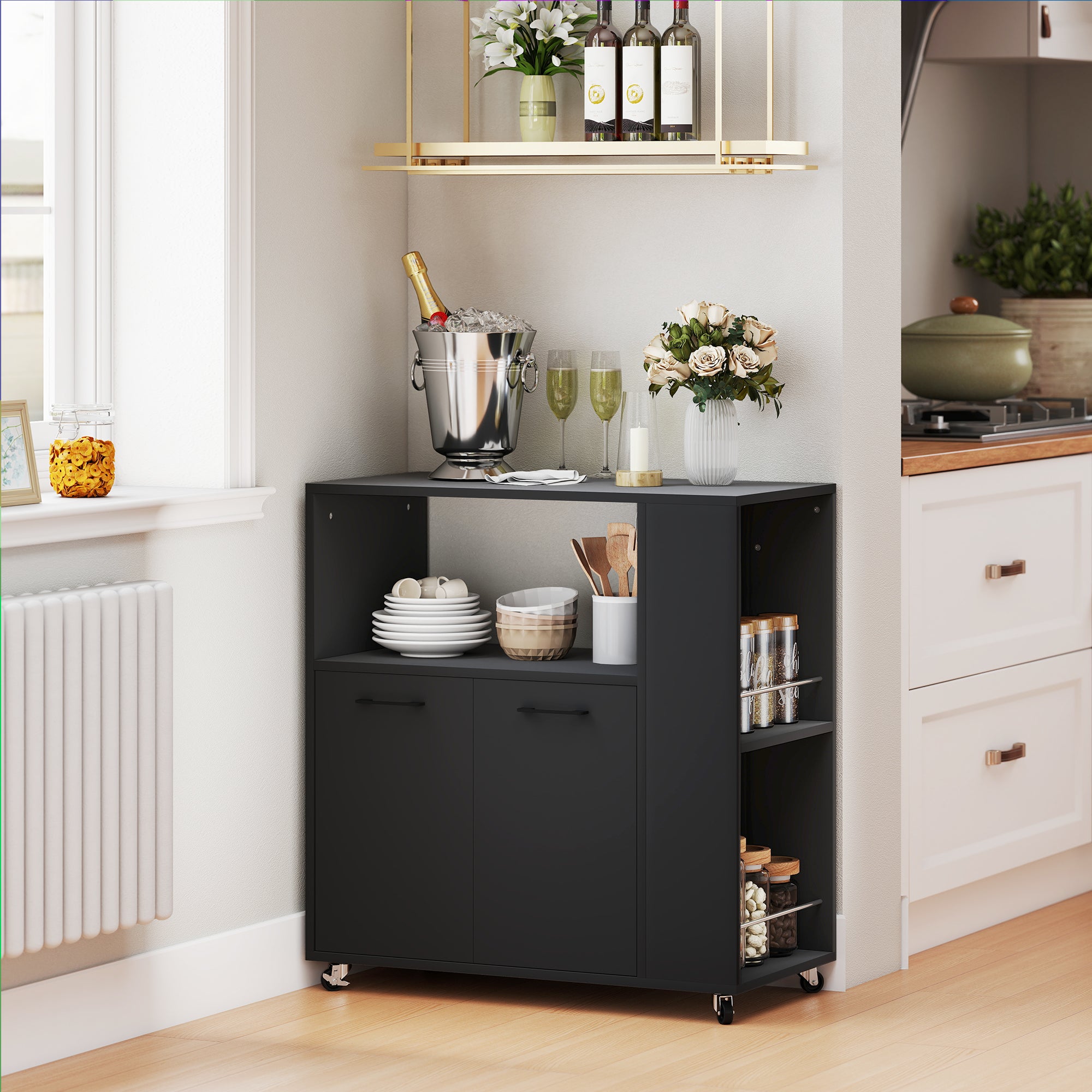 Kitchen Trolley on Wheels, Rolling Kitchen Island Cart with 2-Door Cabinet, Spice Rack and Adjustable Shelf, Storage Serving Trolley Cart for Dining Room, Living Room, Black