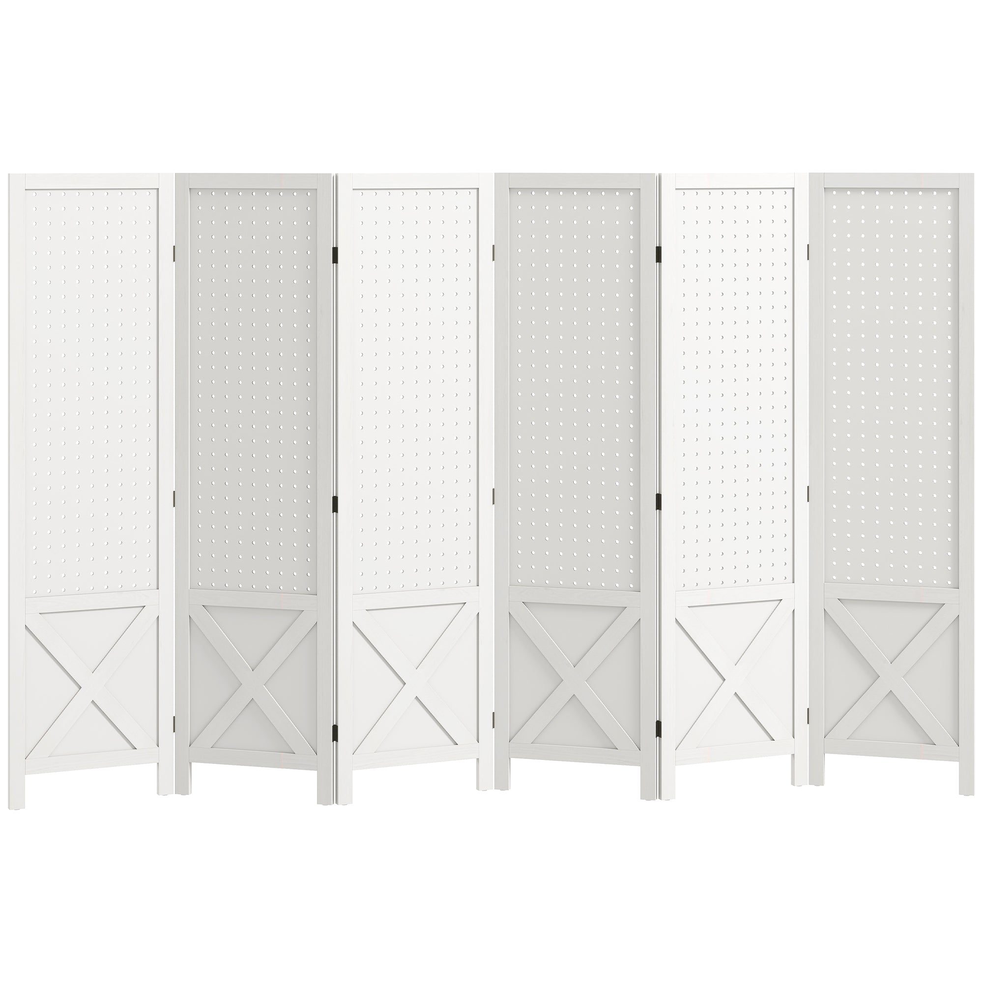 6 Panel Pegboard Display Room Divider, 56.9" Tall Wood Indoor Portable Folding Privacy Screen, Partition Wall Divider for Bedroom, White