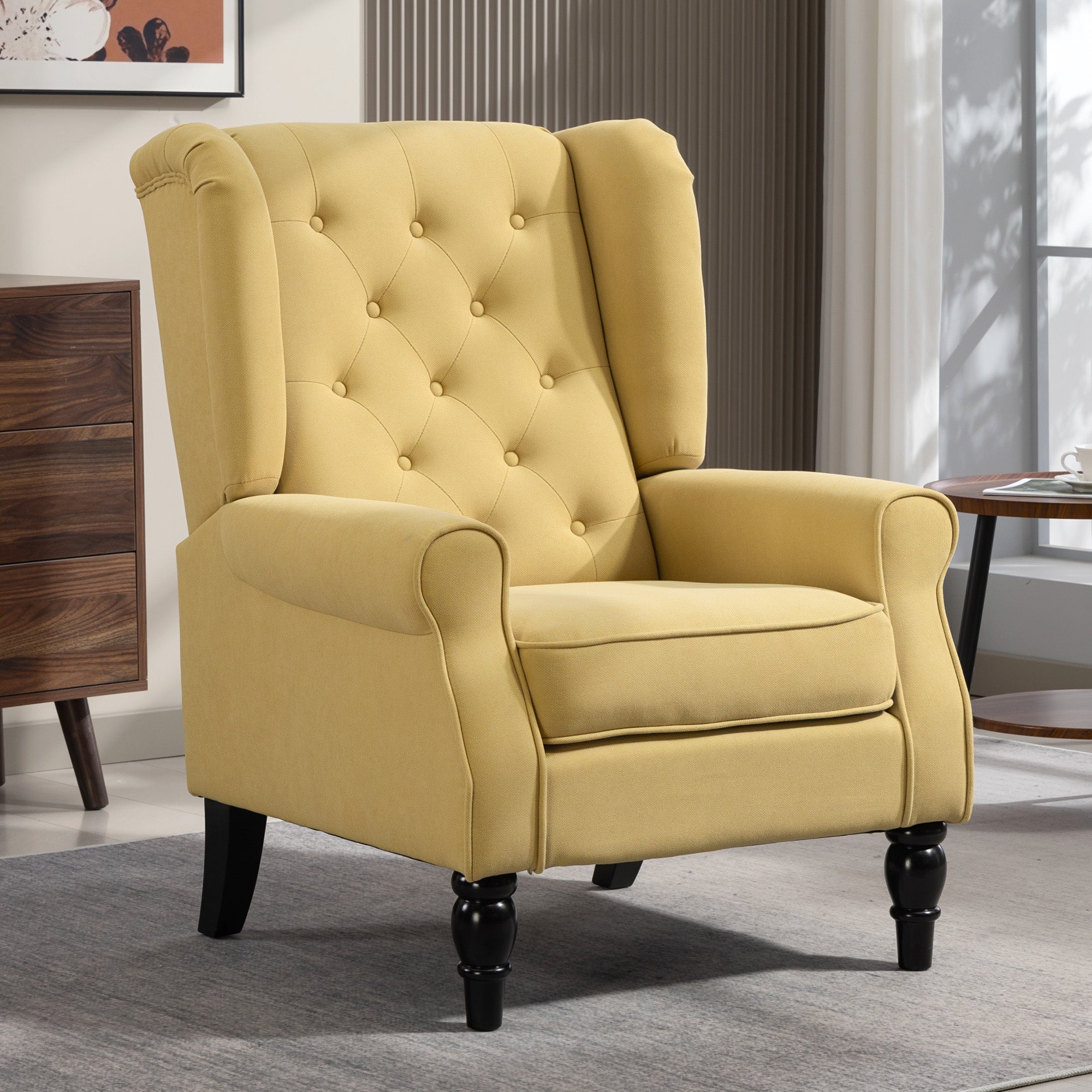 Retro Accent Chair, Snow Flannel Wingback Armchair with Wood Frame Button Tufted Design for Living Room Bedroom, Yellow