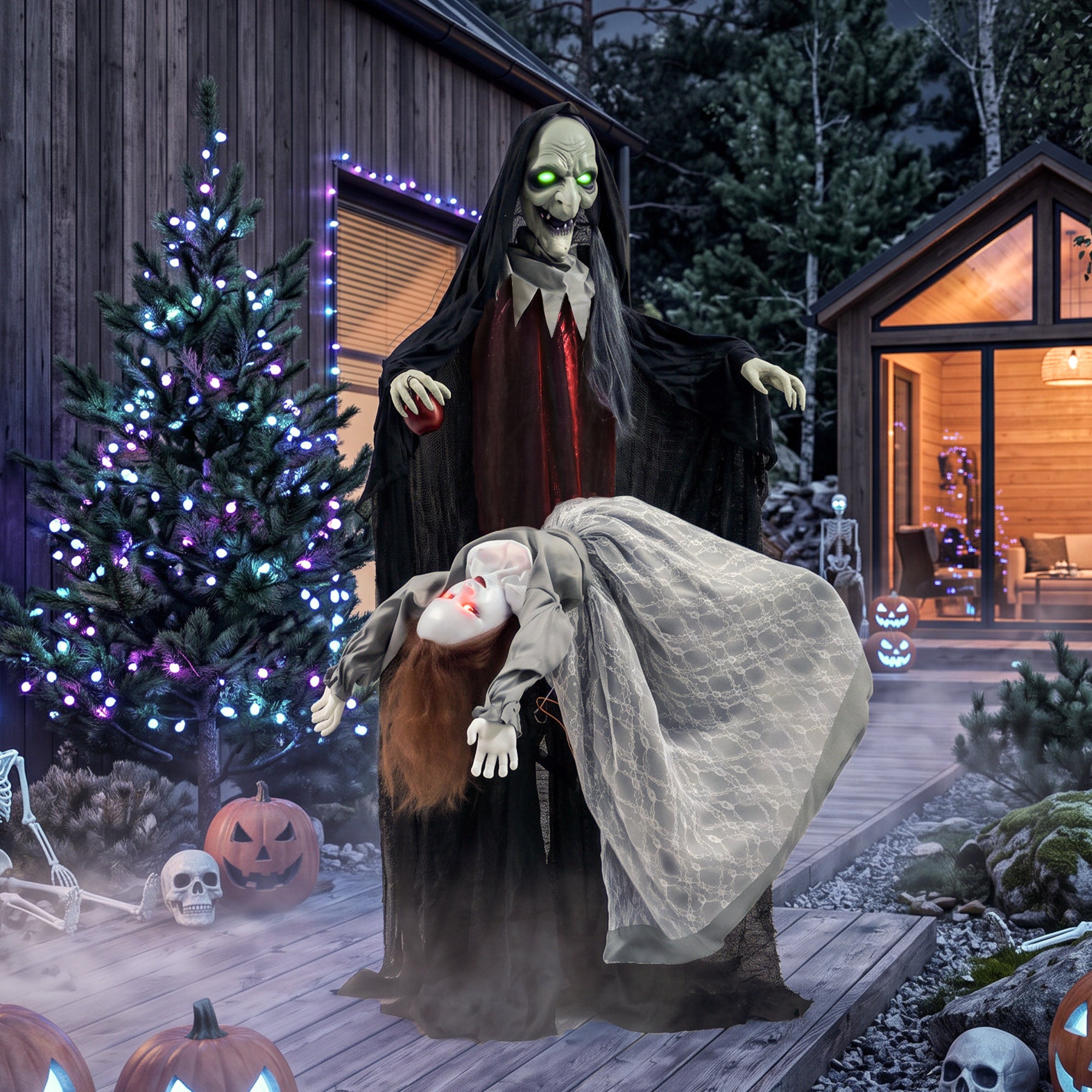 71" Halloween Animated Standing Witch with Floating Ghost Decoration, Halloween Animated Prop with Light-Up Eyes, Sound and Touch Activated, Rising and Falling Motion for Haunted House Party