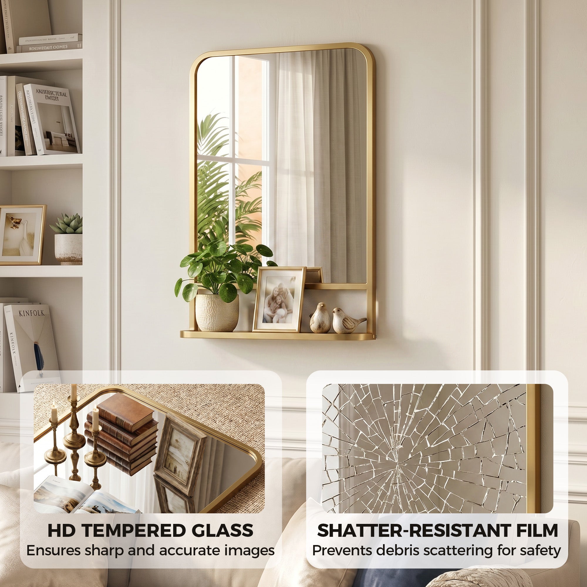 Modern Rectangular Wall Mirror with Storage Shelf, 70 x 50 cm Mirror for Living Room, Bedroom, Gold Tone