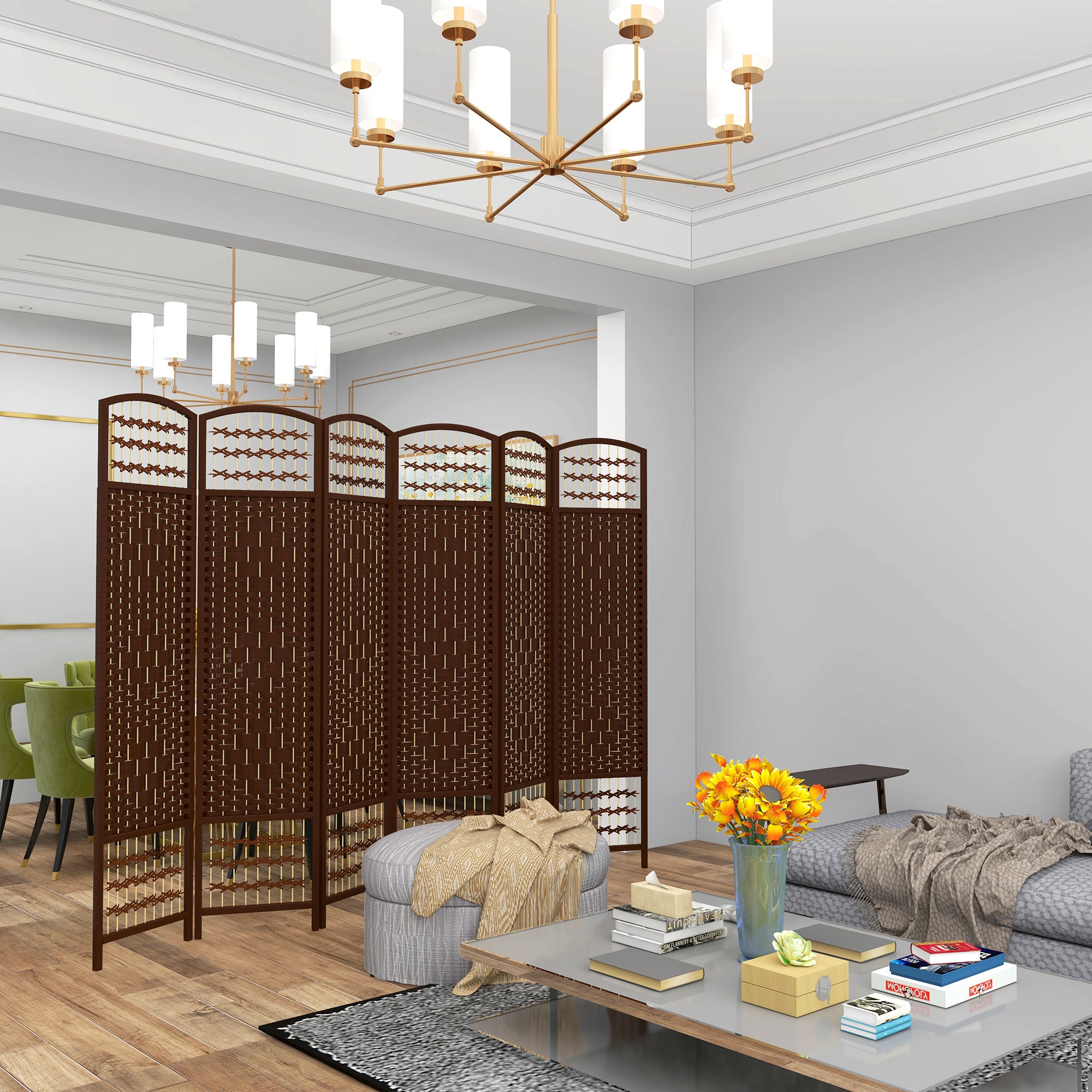 6 Panel Folding Room Divider, Portable Privacy Screen, Wave Fiber, Brown