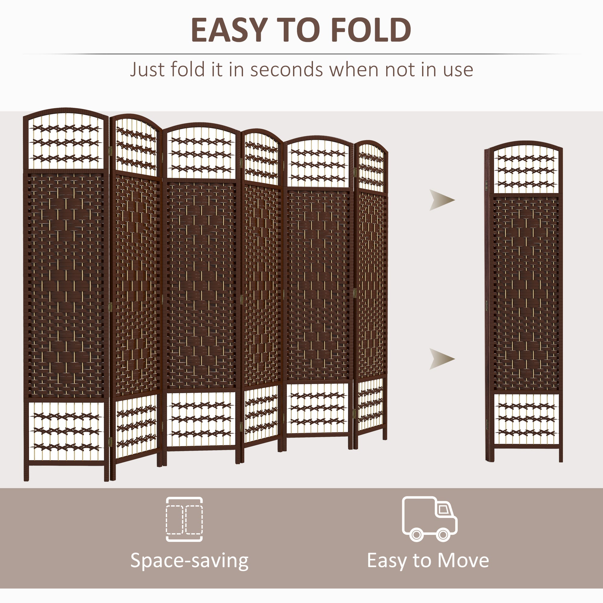 6 Panel Folding Room Divider, Portable Privacy Screen, Wave Fiber, Brown