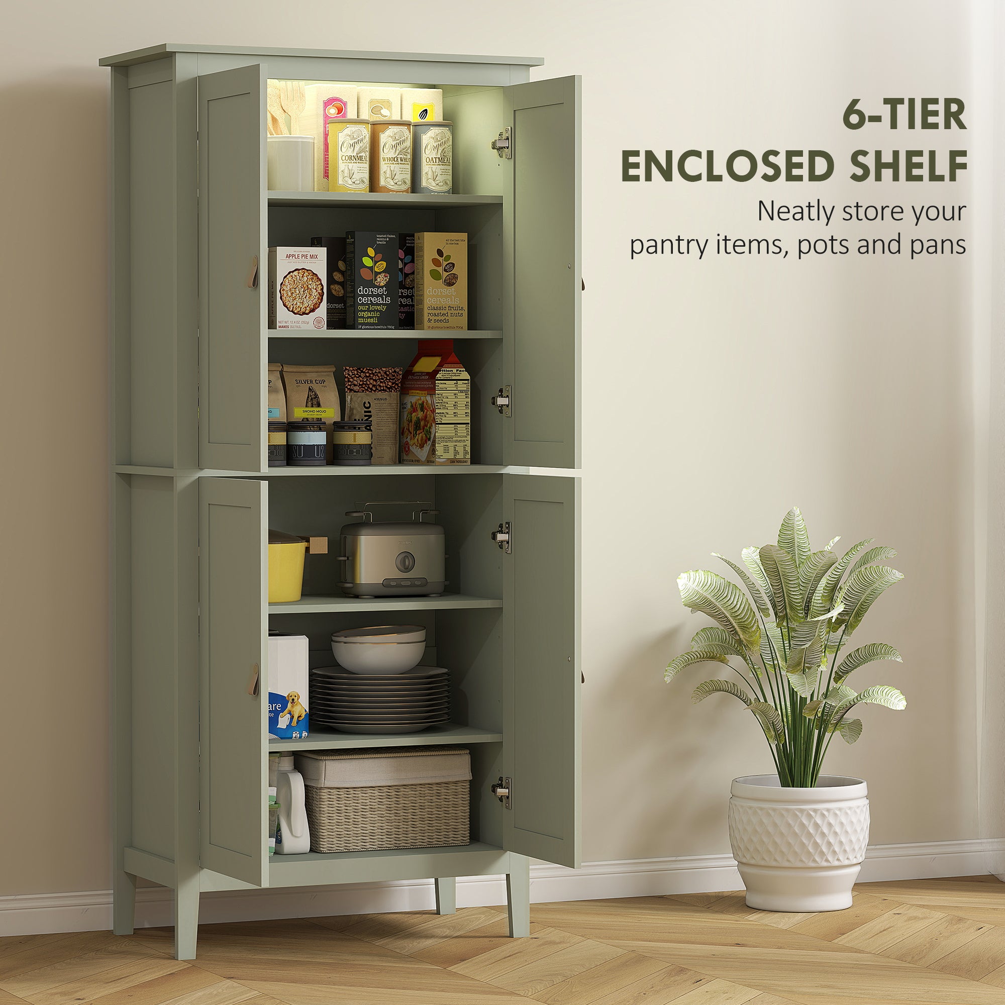 Tall Kitchen Cupboard with Motion Sensor LED Light, 3-Colour Dimmable Lighting, 177 cm Freestanding Storage Cabinet with Doors and Adjustable Shelves, Green