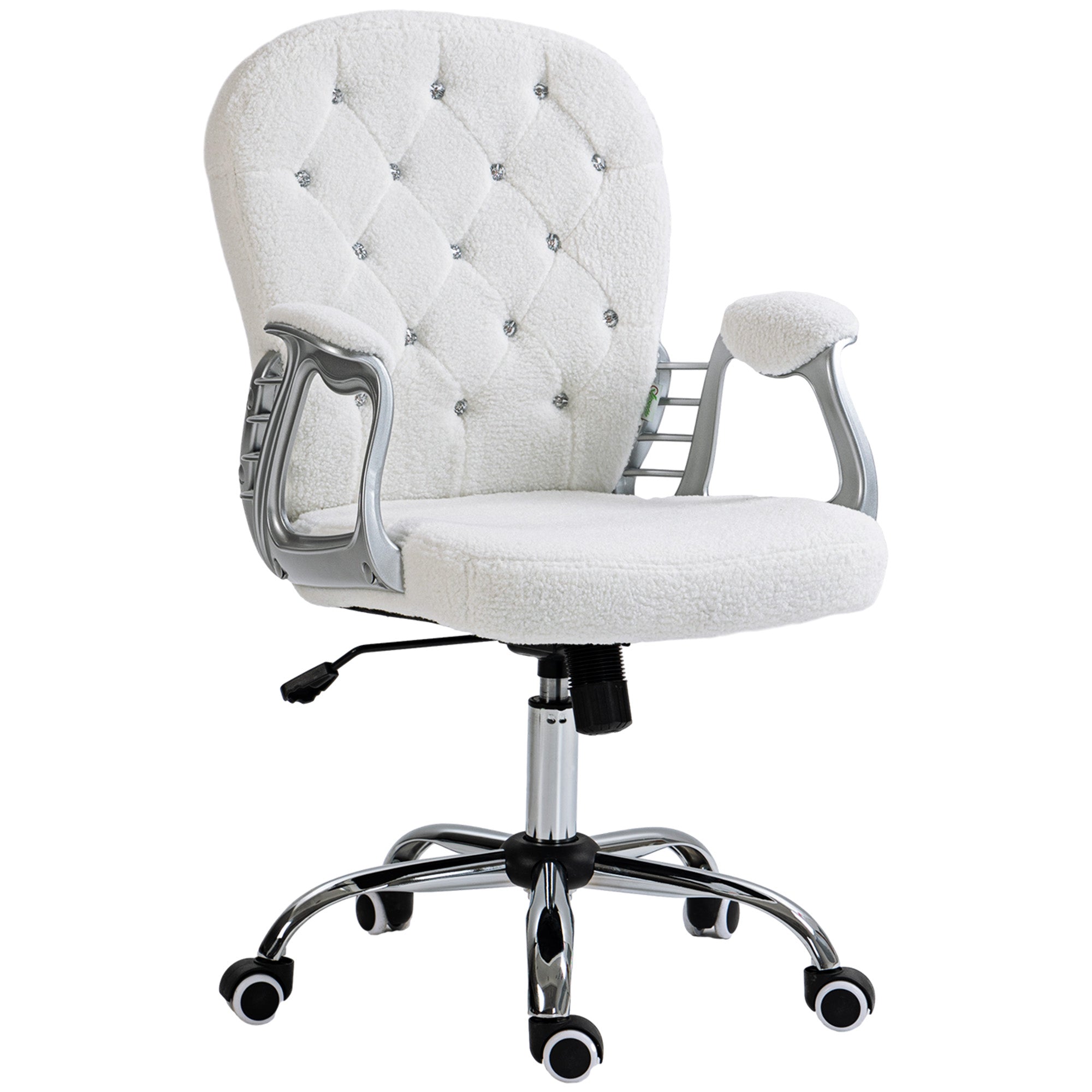 Button Tufted Desk Chair with Padded Armrests, Adjustable Height & Swivel Wheels, White