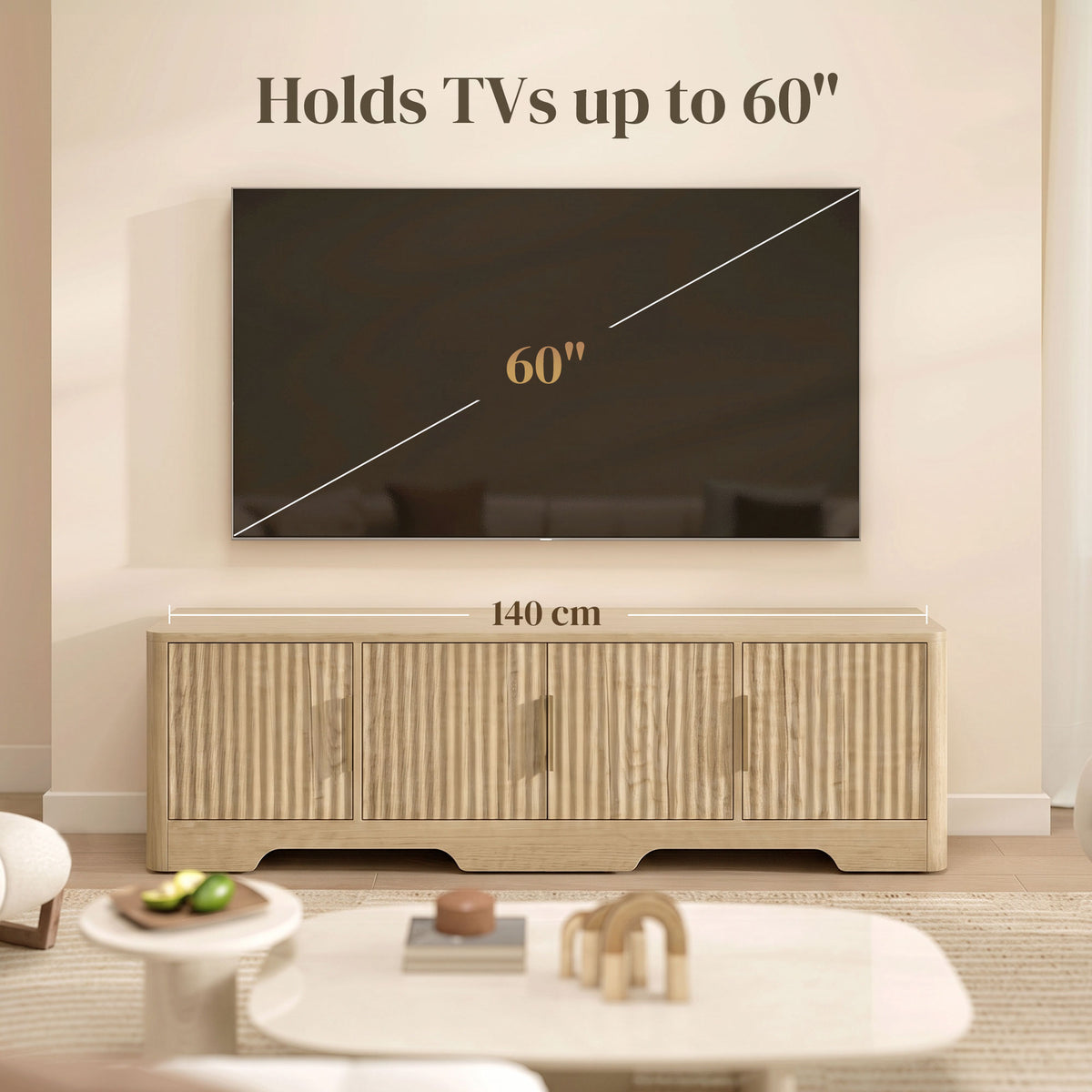 TV Stand for TVs up to 60", Modern Entertainment Center with Fluted Doors, Media Console Table with 3 Cabinets, Adjustable Shelf and Cable Management for Living Room, Oak