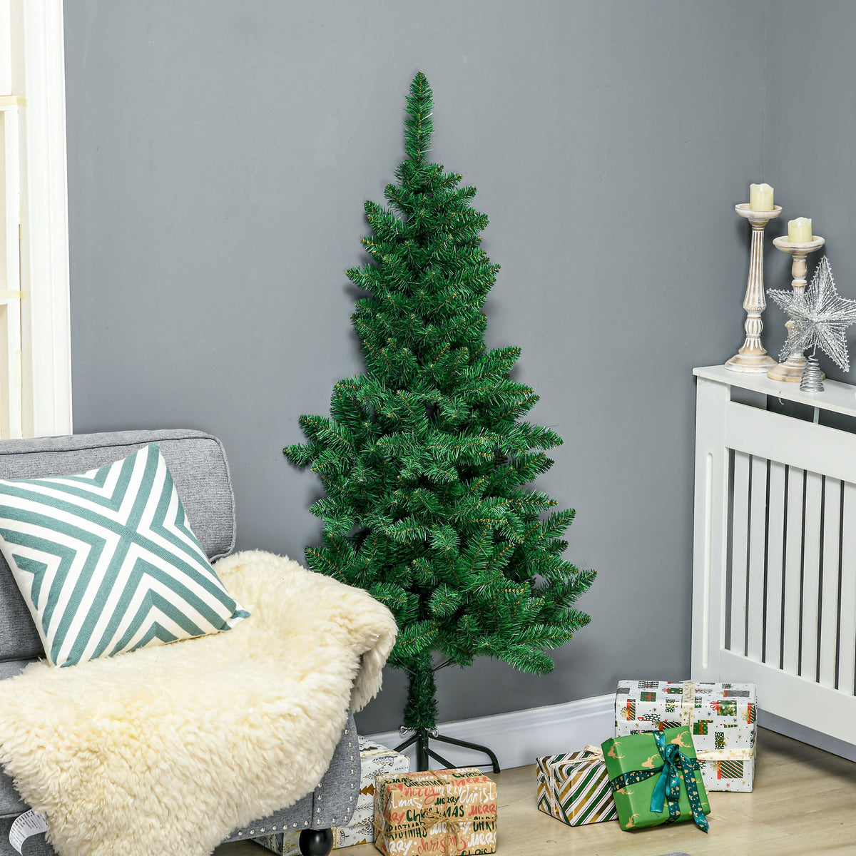5ft Half Artificial Christmas Tree Holiday Décor with 229 Branches, Auto Open, Steel Base, Green