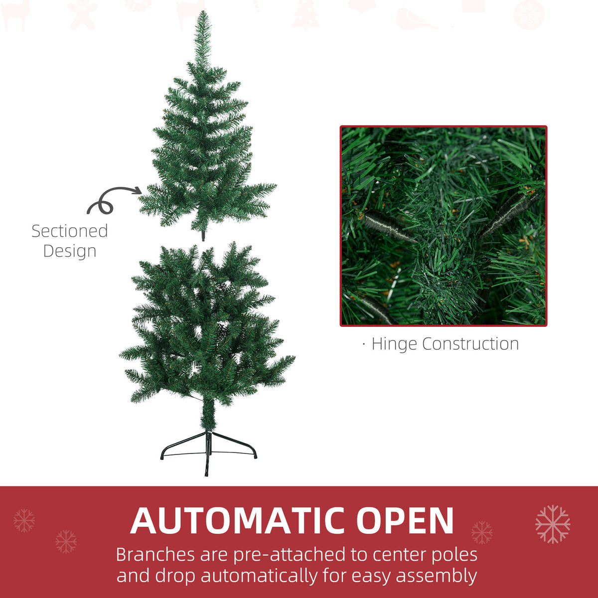 5ft Half Artificial Christmas Tree Holiday Décor with 229 Branches, Auto Open, Steel Base, Green