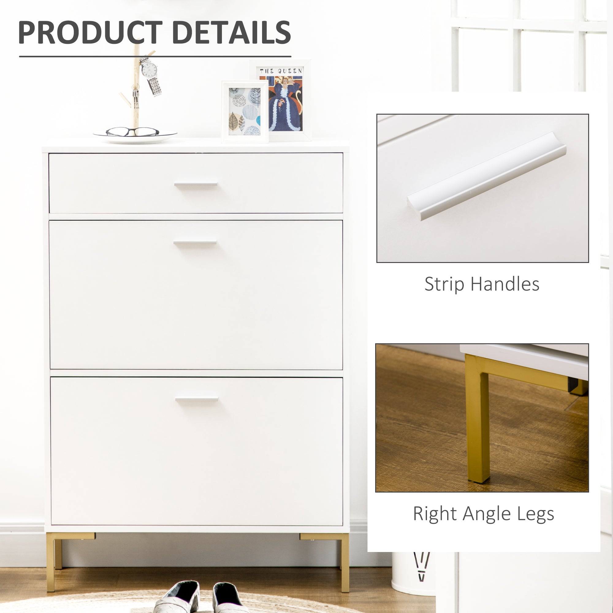 HOMCOM 3 Drawer Shoe Cabinet with 2 Flip Doors, Sliding out Drawer and Adjustable Shelf for 12 Pairs of Shoes, Narrow Shoe Storage Cabinet for Hallway, Entryway, White