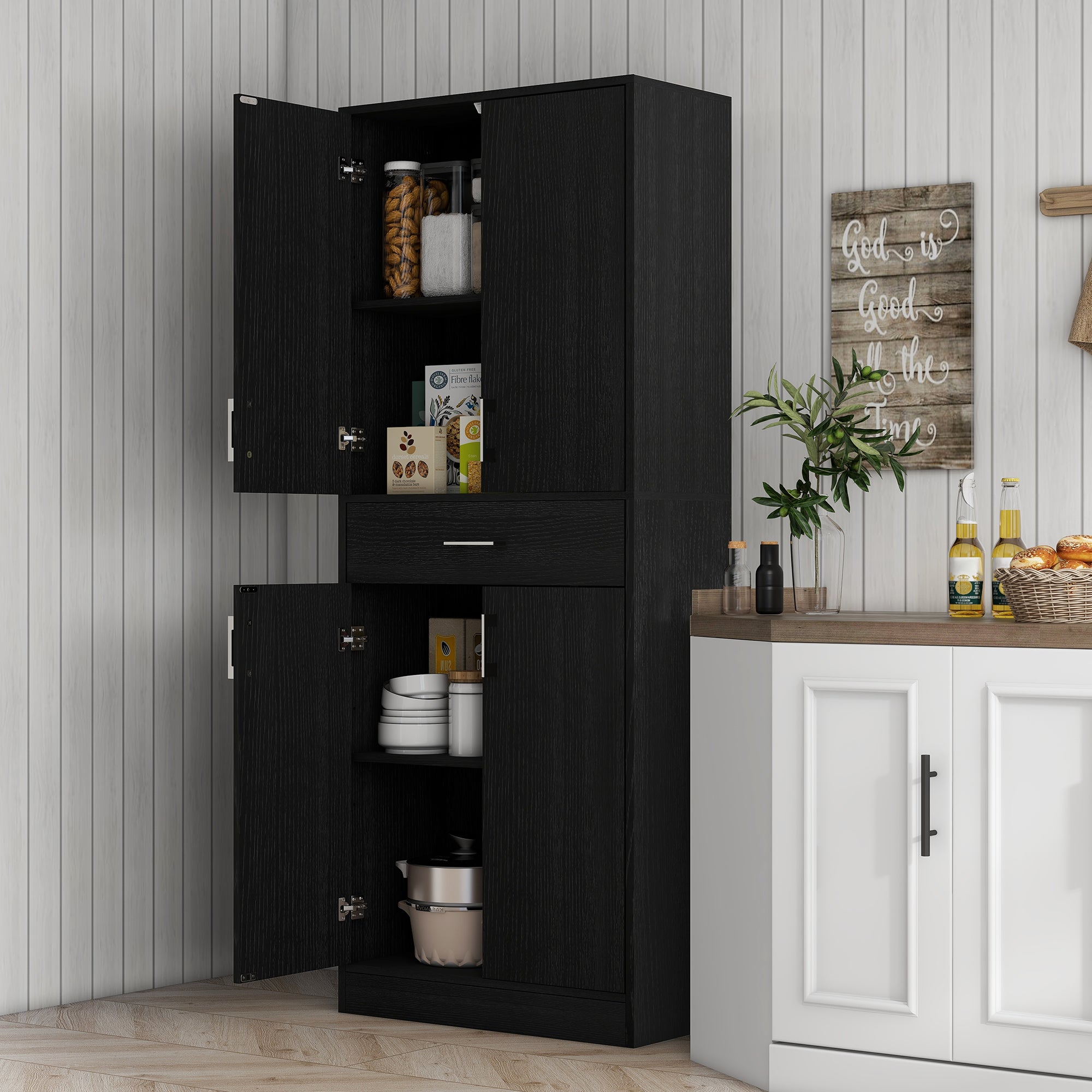 71" Tall Freestanding Kitchen Cabinet with Drawer and Adjustable Shelf, Distressed Black