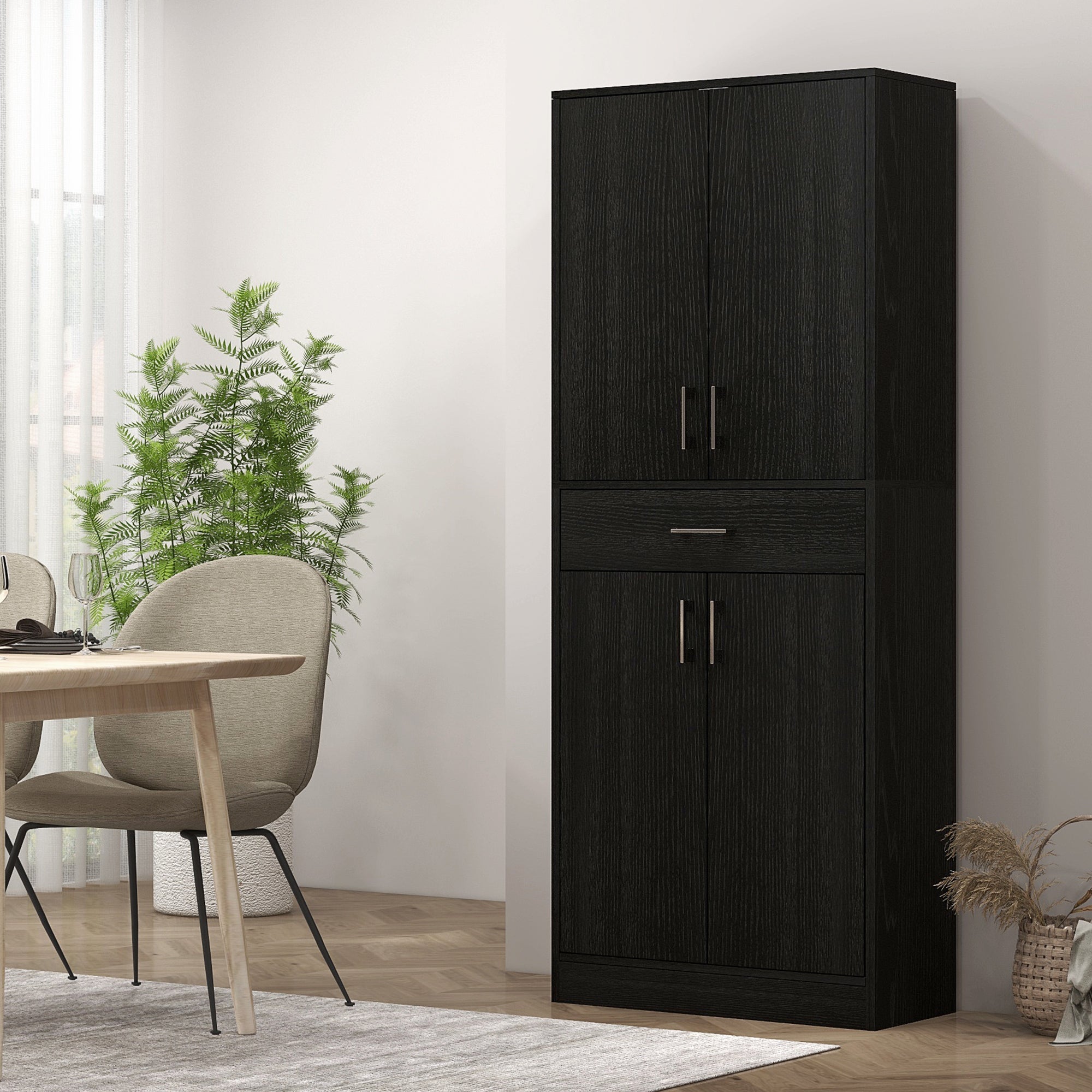 71" Tall Freestanding Kitchen Cabinet with Drawer and Adjustable Shelf, Distressed Black