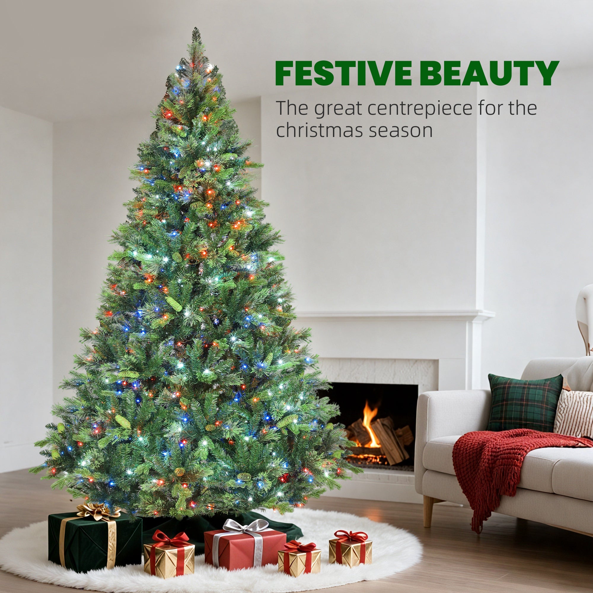 7.5ft Prelit Christmas Tree with Colourful DIY LED Lights, Carolina Pine, Hinged Xmas Tree with 3017 Tips, Realistic Branches, 12 Modes, Daily Timer, Adjustable Brightness and Speed, Remote