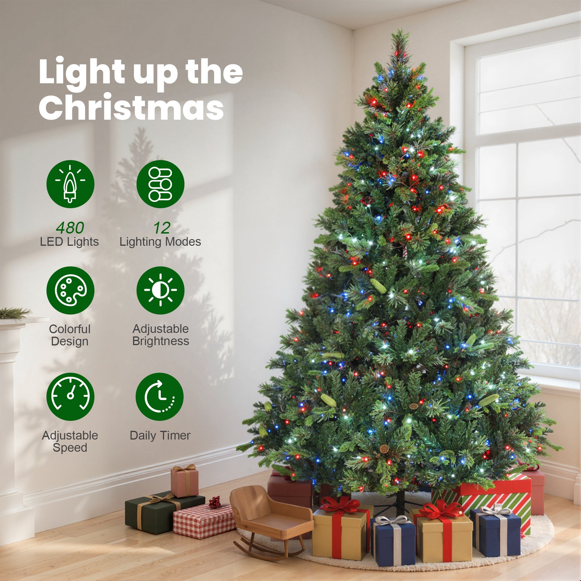 7.5ft Prelit Christmas Tree with Colourful DIY LED Lights, Carolina Pine, Hinged Xmas Tree with 3017 Tips, Realistic Branches, 12 Modes, Daily Timer, Adjustable Brightness and Speed, Remote