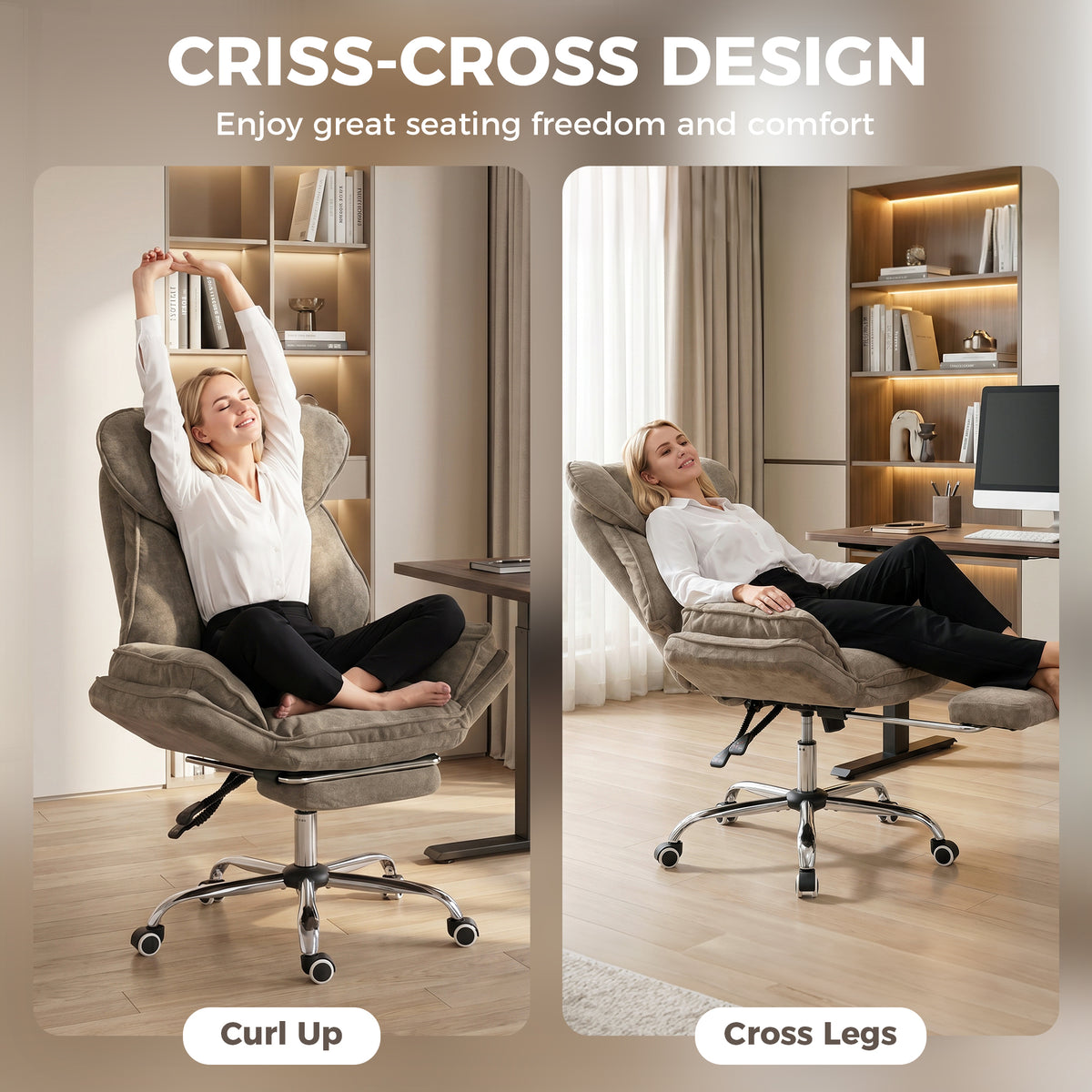 Criss Cross Office Chair with Footrest, Swivel Wheels, Task Desk Chair with Overstuffed Reclining Backrest, Waterfall Arms, Adjustable Height, Cross Legged, Brown