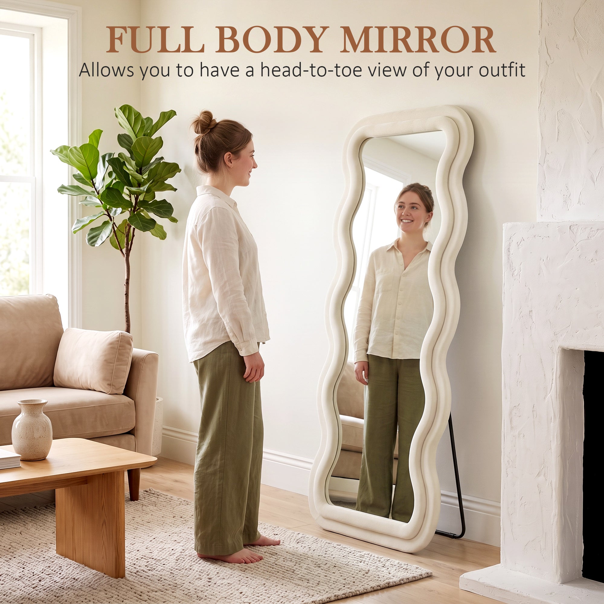 Full Length Mirror, 160 x 60 cm Wavy Large Full Body Standing Mirror with Velvet Frame, HD Tempered Glass, Floor Standing, Wall Hanging or Leaning for Bedroom, Living Room, Cream White