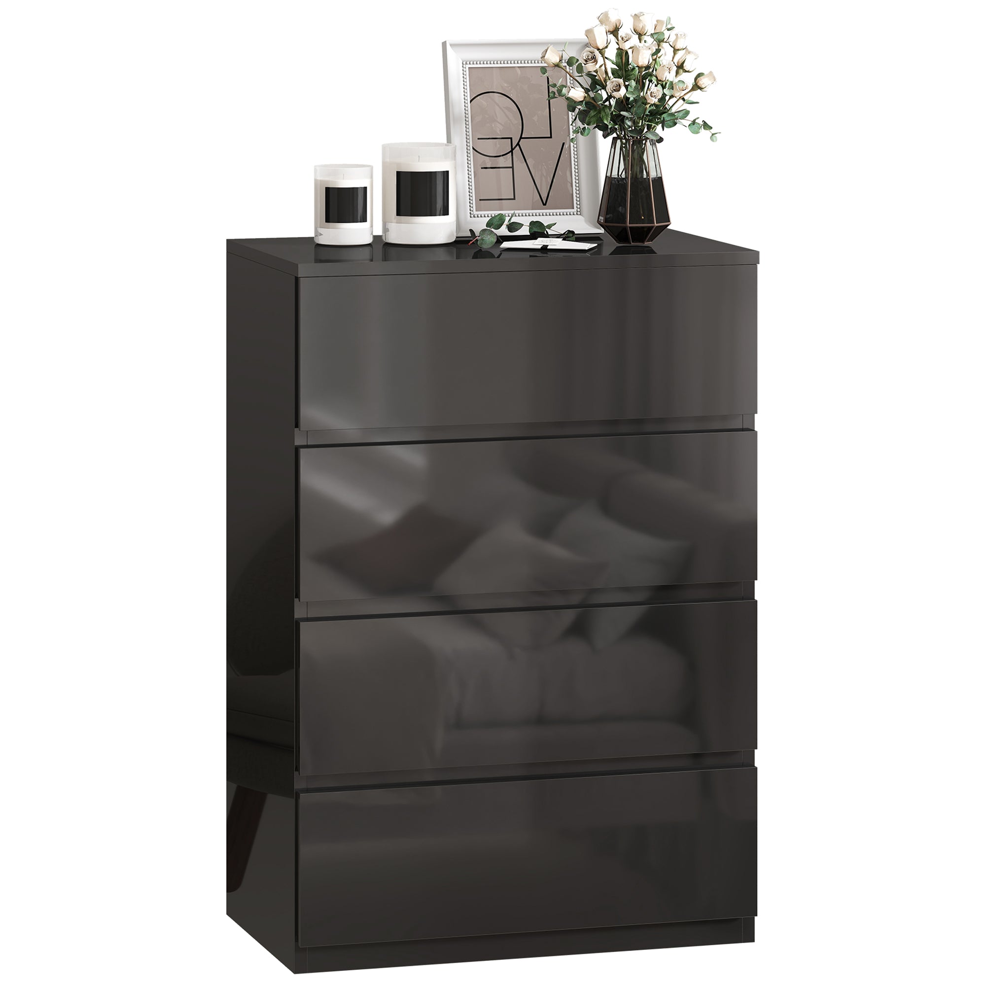 Chest of Drawers, 4 Drawers Storage Cabinet Floor Tower Cupboard for Bedroom Living Room, High Gloss Black