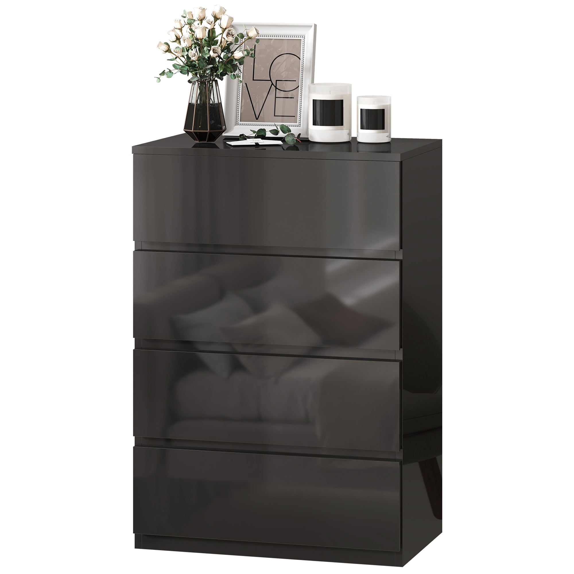 Chest of Drawers, 4 Drawers Storage Cabinet Floor Tower Cupboard for Bedroom Living Room, High Gloss Black