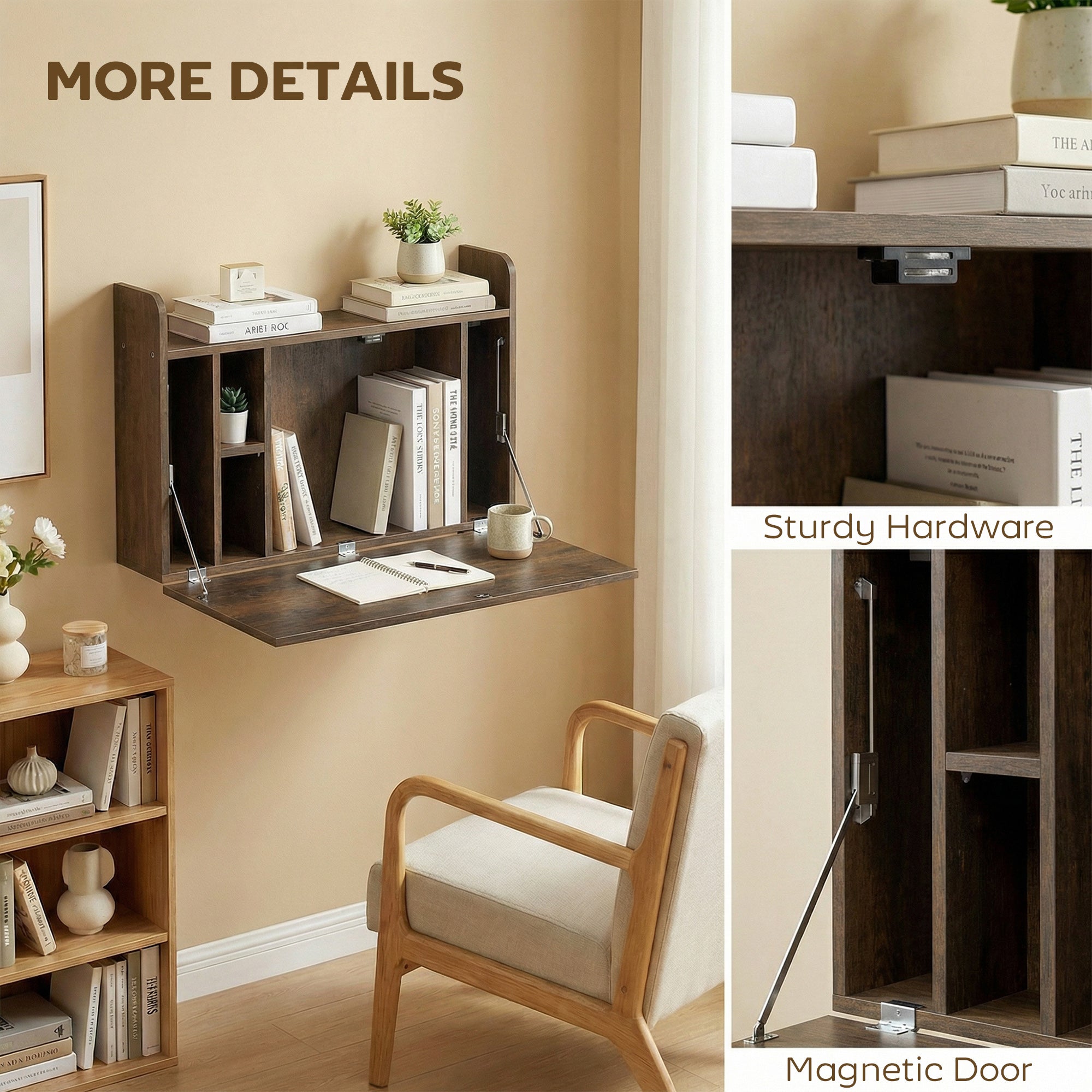 Wall Mounted Desk, Drop Leaf Floating Laptop Desk with Space Saving Storage Compartments for Home Office and Study, 77cm x 20cm x 51cm, Dark Brown