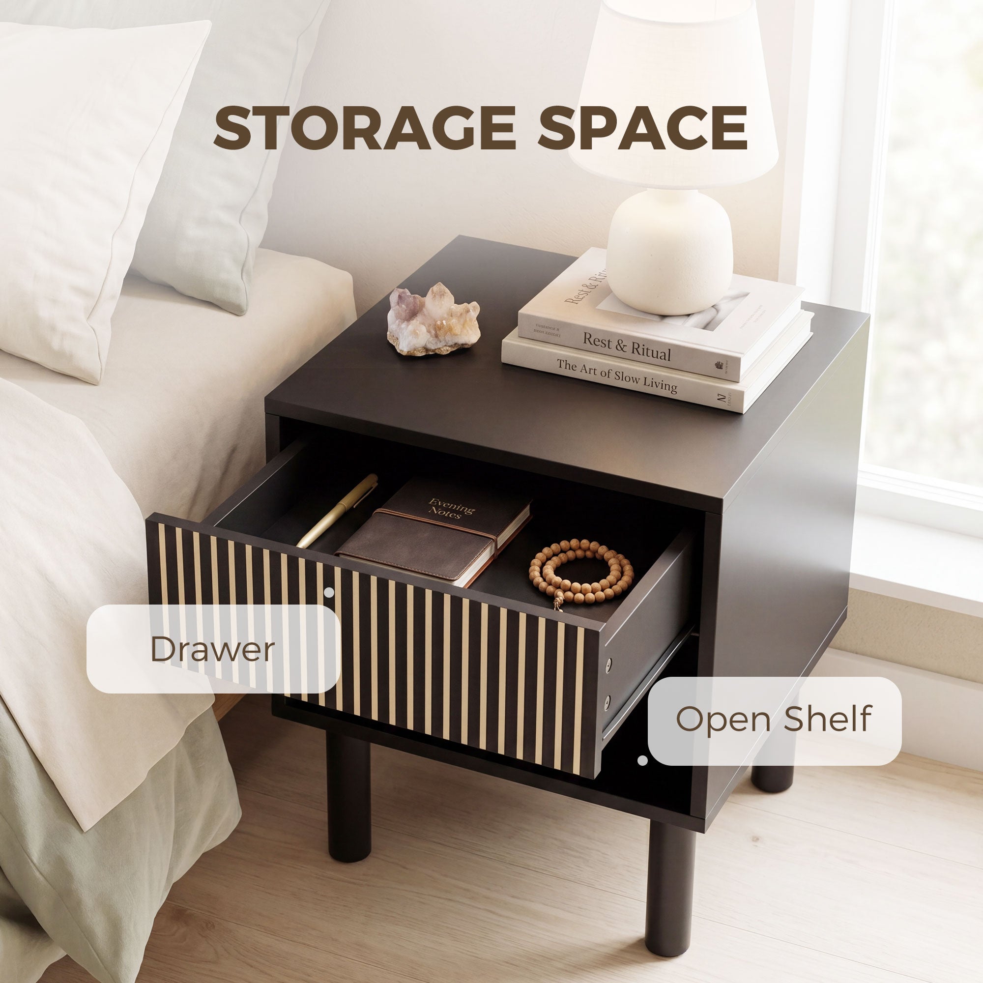 Modern Nightstand Set of 2, Bedside Table with Drawer and Open Shelf, Side End Table for Bedroom, Black