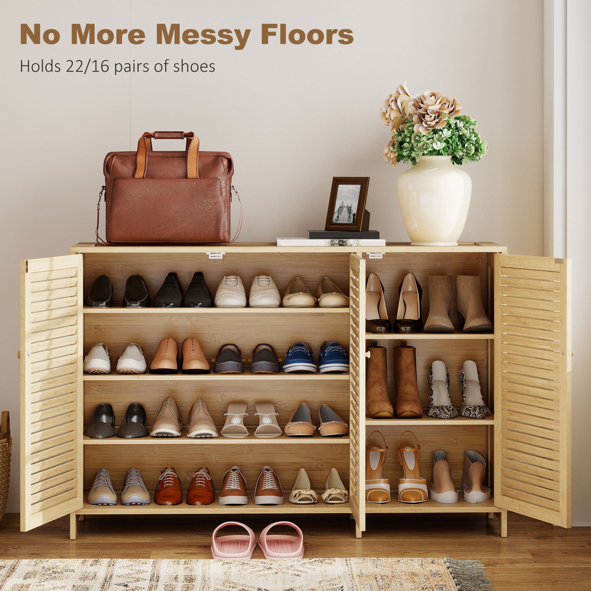Bamboo Shoe Cabinet with Louvered Doors, Shoe Storage Cabinet with Adjustable Shelves, 18 Pairs Footwear Cupboard for Hallway, Entryway, 120 x 35 x 80 cm, Natural Wood Finish