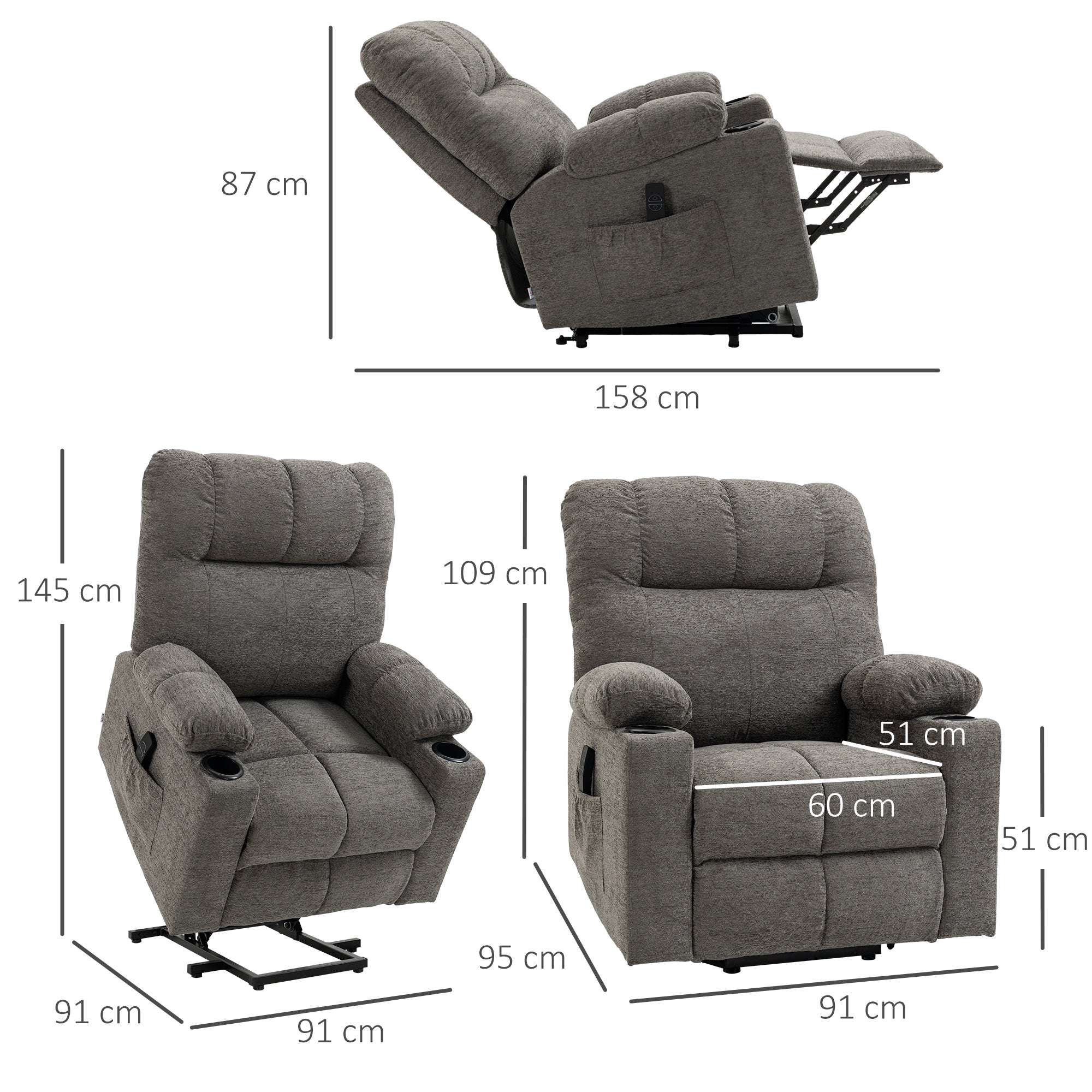 HOMCOM Power Lift Chair Recliner for Elderly, Velvet-touch Fabric Electric Riser and Recliner Chair for Living Room with Remote Control, Side Pockets, Cup Holders, Grey