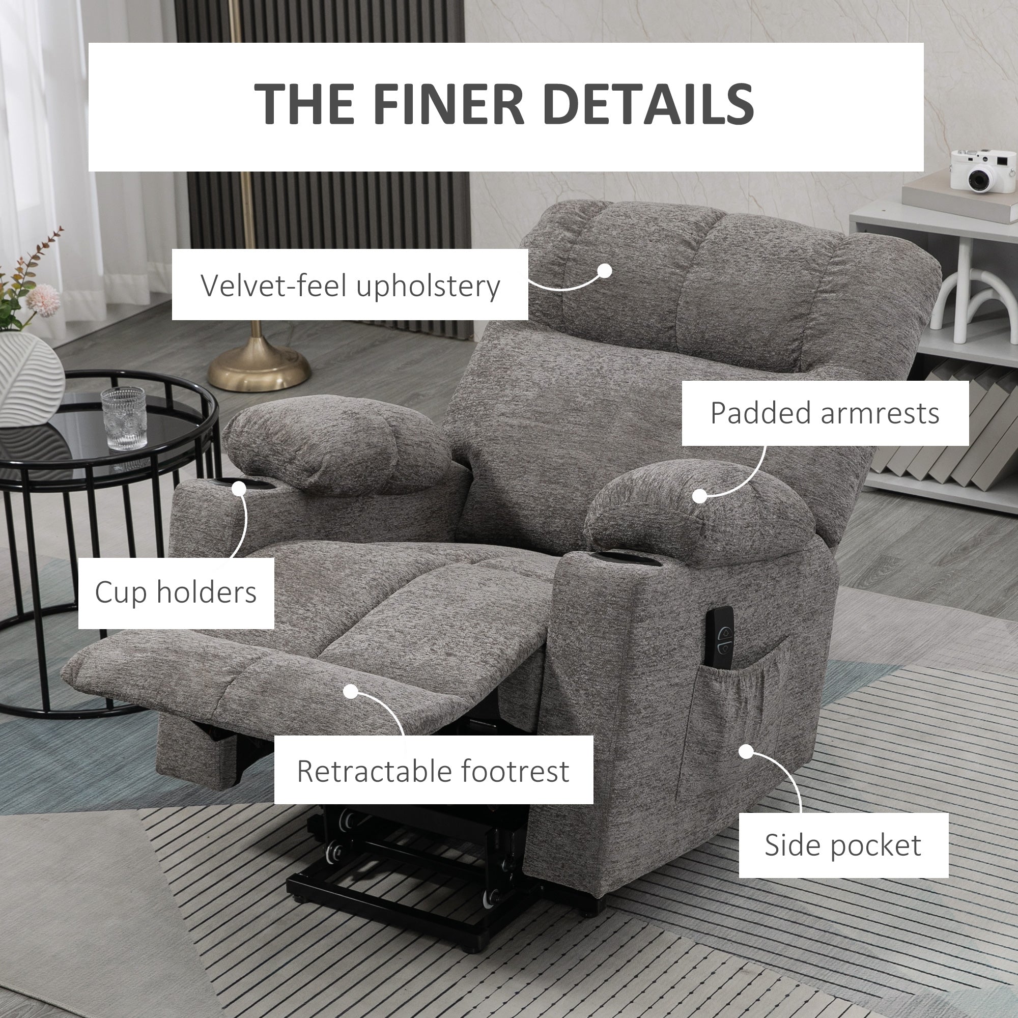 HOMCOM Power Lift Chair Recliner for Elderly, Velvet-touch Fabric Electric Riser and Recliner Chair for Living Room with Remote Control, Side Pockets, Cup Holders, Grey