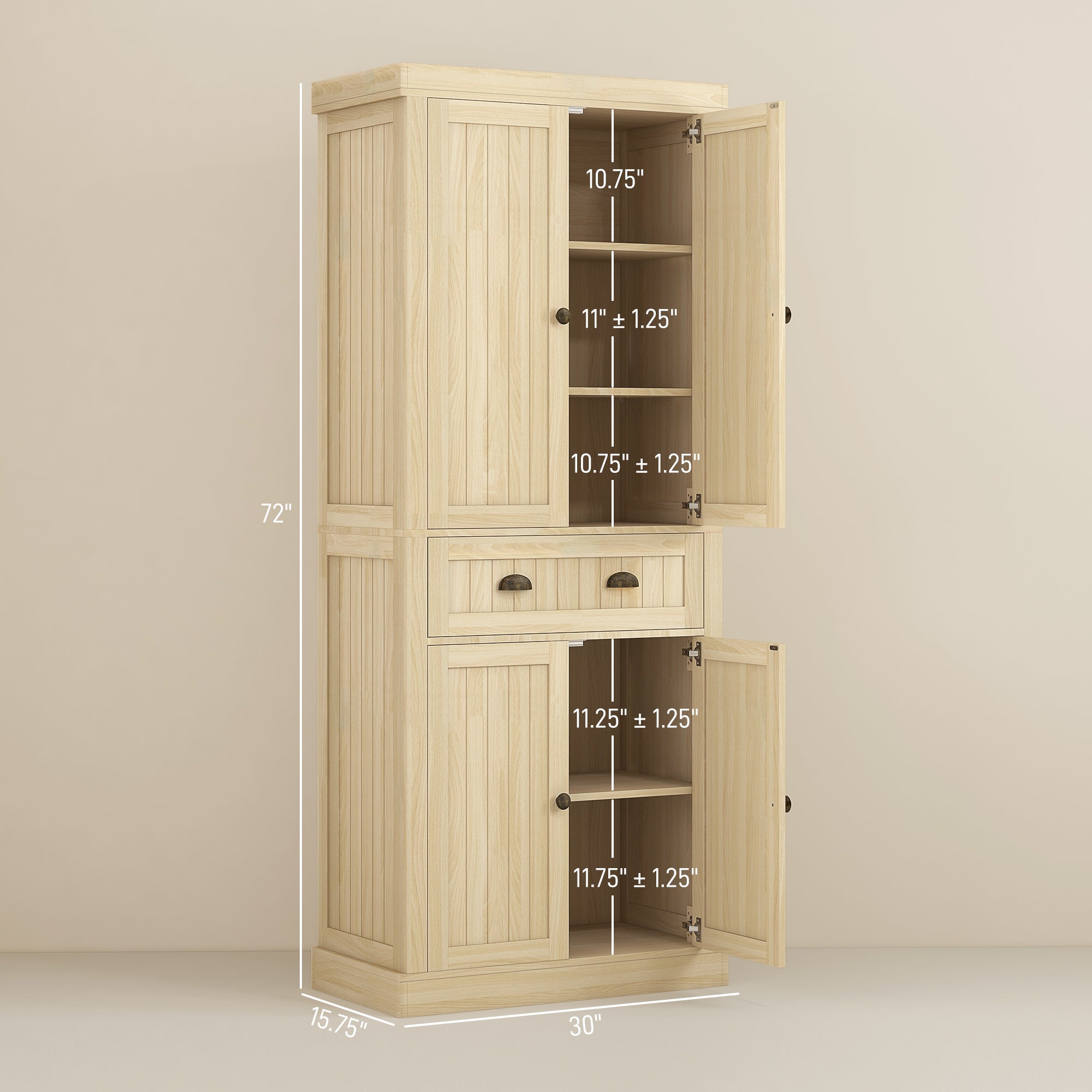 72" Kitchen Cabinet Pantry Cabinet w/ 4 Doors & 2 Adjustable Shelves, Nature