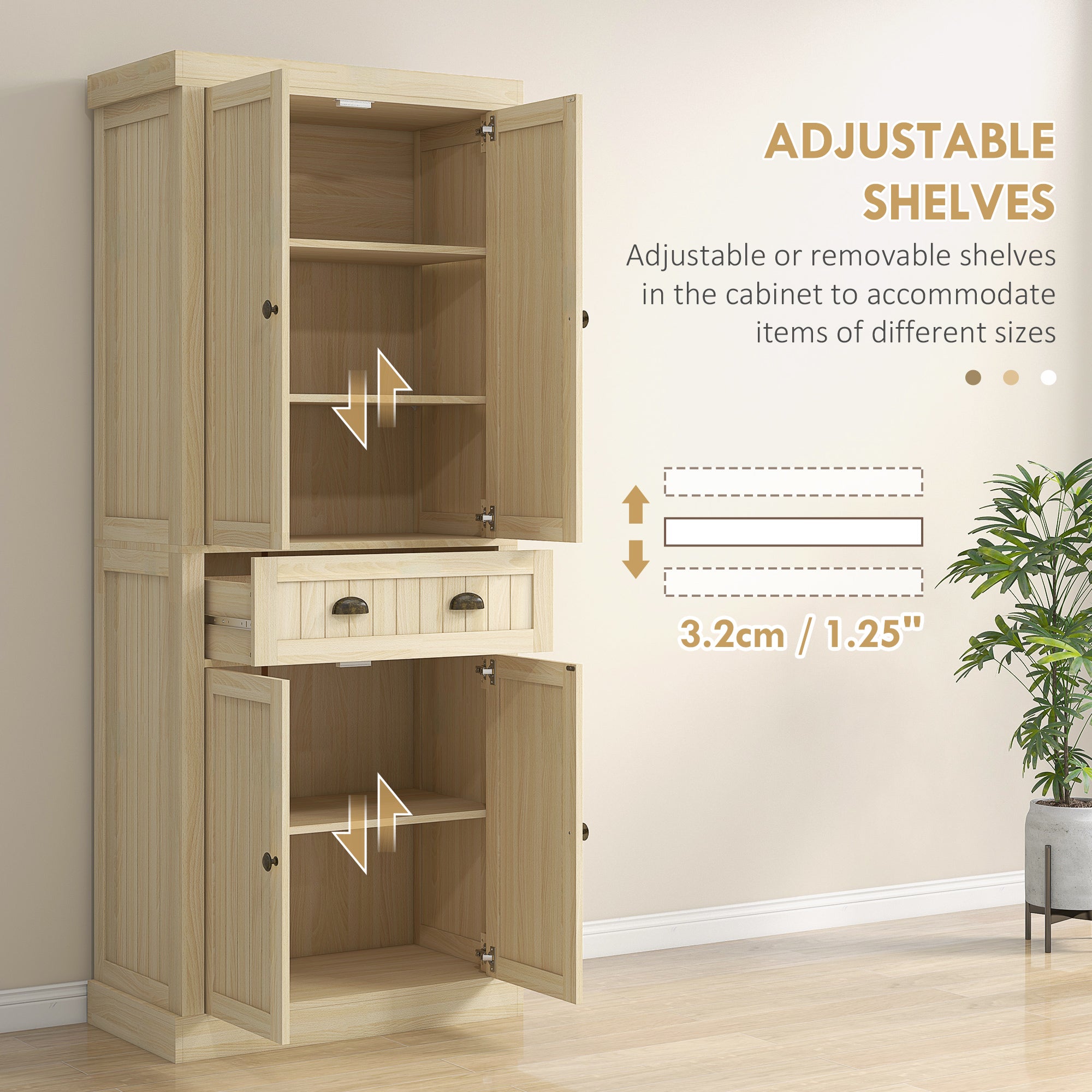 72" Kitchen Cabinet Pantry Cabinet w/ 4 Doors & 2 Adjustable Shelves, Nature