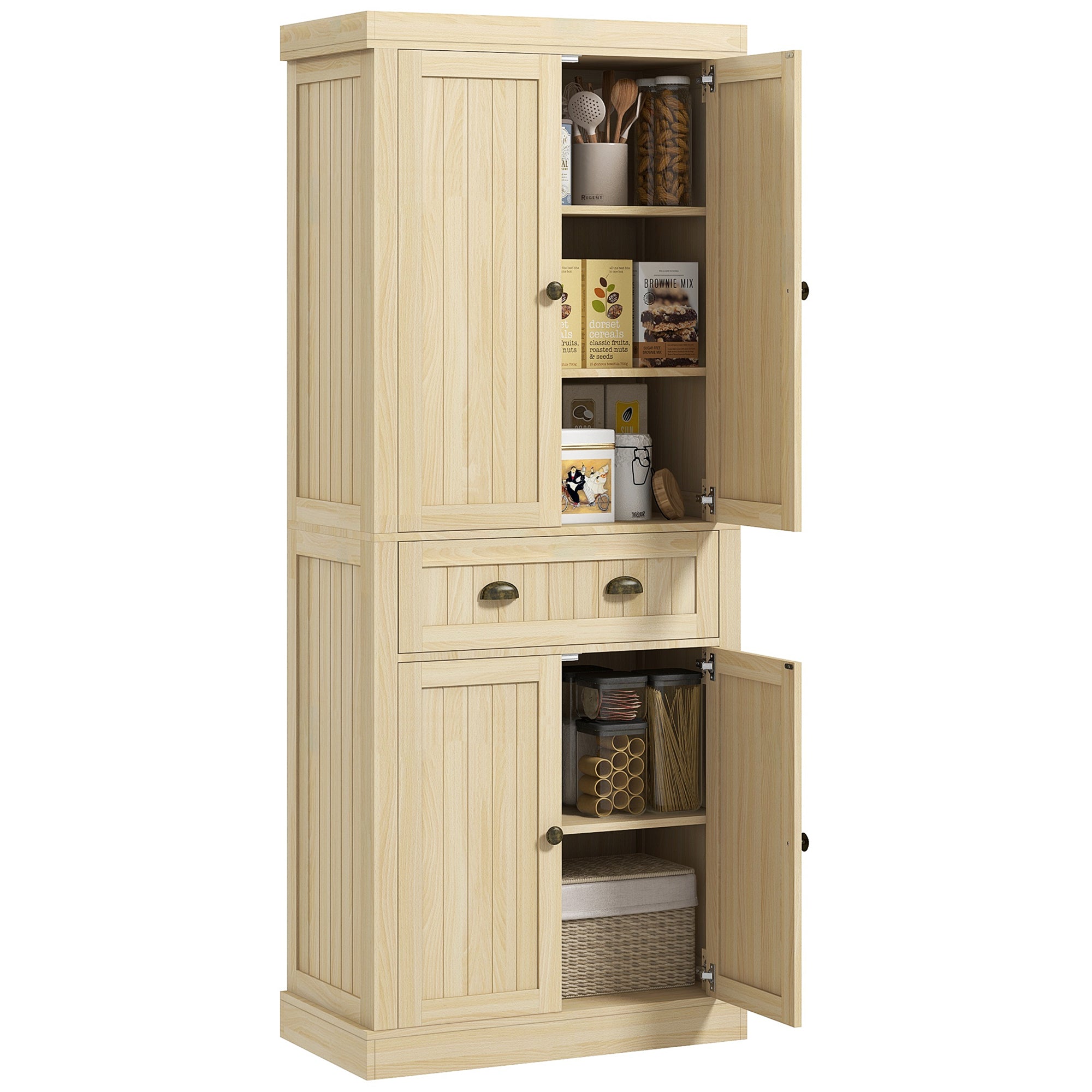 72" Kitchen Cabinet Pantry Cabinet w/ 4 Doors & 2 Adjustable Shelves, Nature