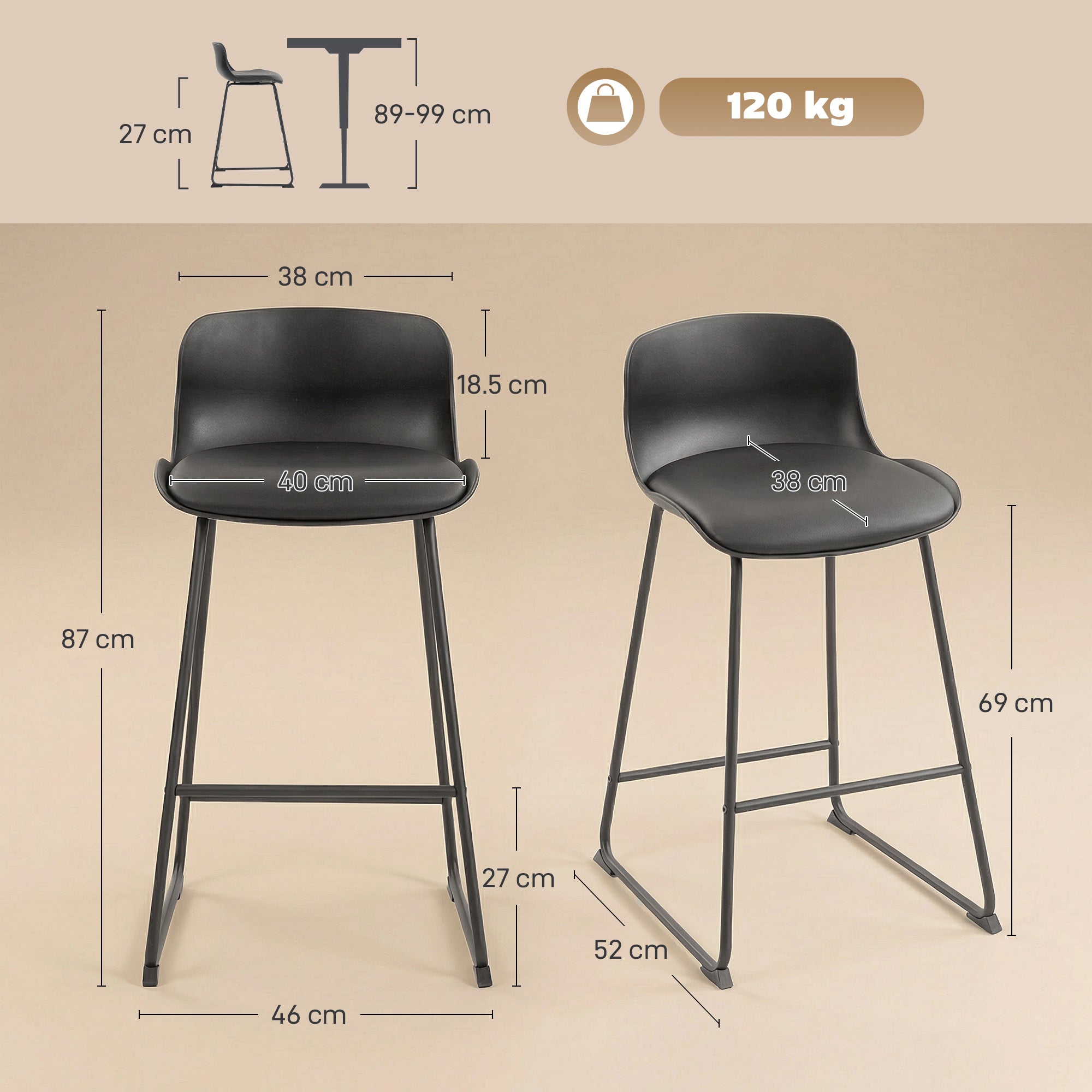 Modern Bar Stools Set of 2, PU Leather Upholstered Barstools, Counter Height Kitchen Chairs with Footrest for Breakfast Bars, Dining Room, Black