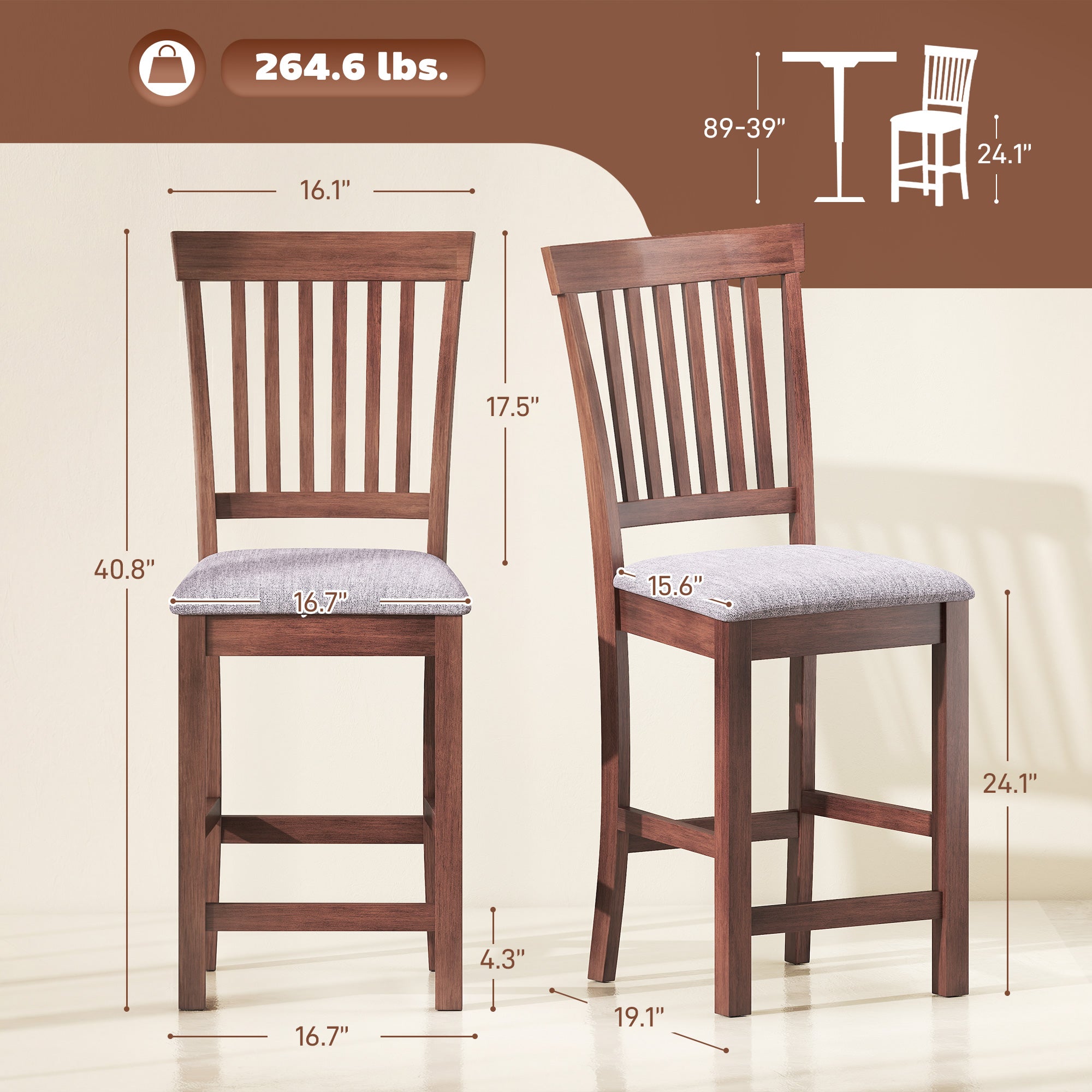 Bar Stools Set of 2, Modern Upholstered Barstools with High Back and Rubberwood Legs, Counter Height Kitchen Chairs for Kitchen Island Dining Room Home Bar, Gray and Dark Brown