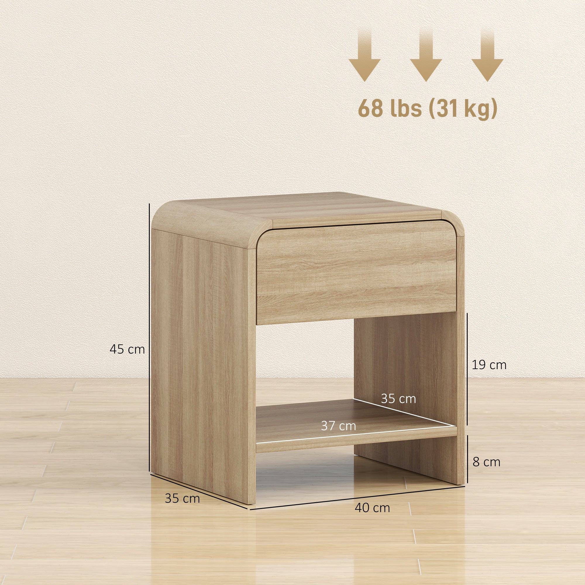 Bedside Tables Set of 2, Modern Nightstands with Rounded Corners, Space-Saving Side Table with Drawer and Open Shelf for Living Room, Bedroom, Natural Wood