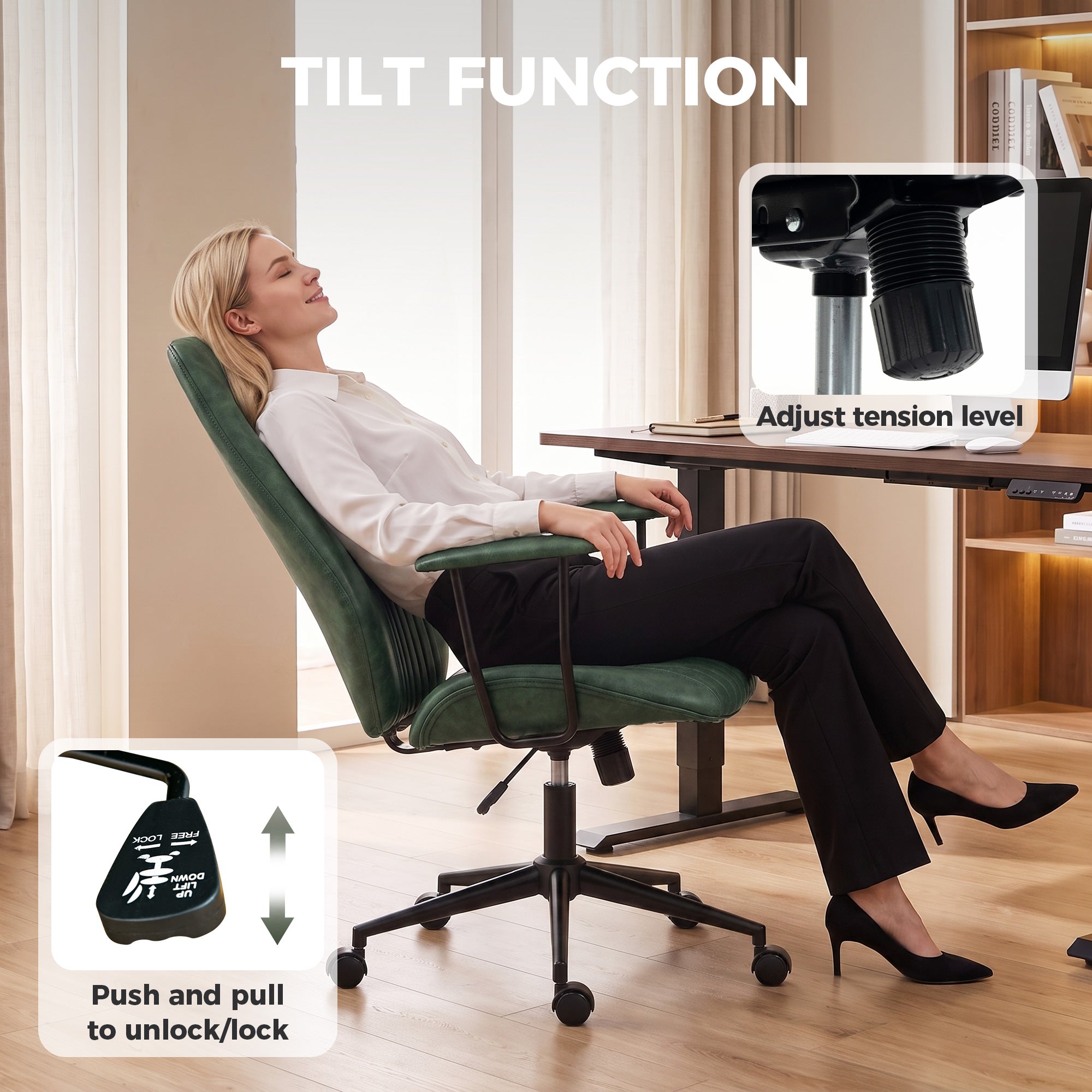 Home Office Desk Chair, PU Leather Computer Chair with Padded Arms, Mid Back, 360° Swivel, Adjustable Height, Tilt Function, Rolling Wheels, Vintage Style for Task, Study, Work, Green