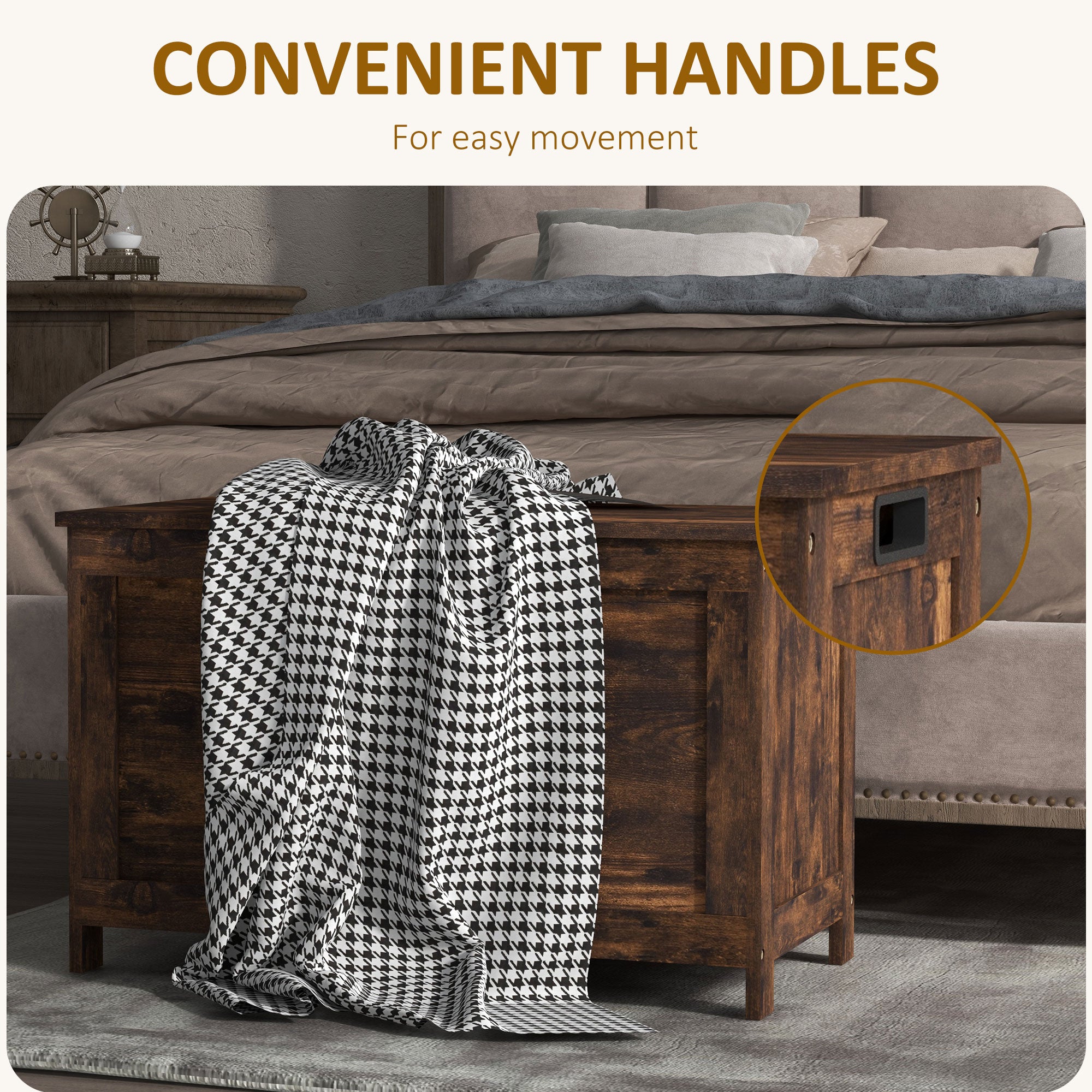 29.9" Storage Trunk w/ 2 Safety Hinges, Wooden Bench w/ Side Handles, Rustic Brown