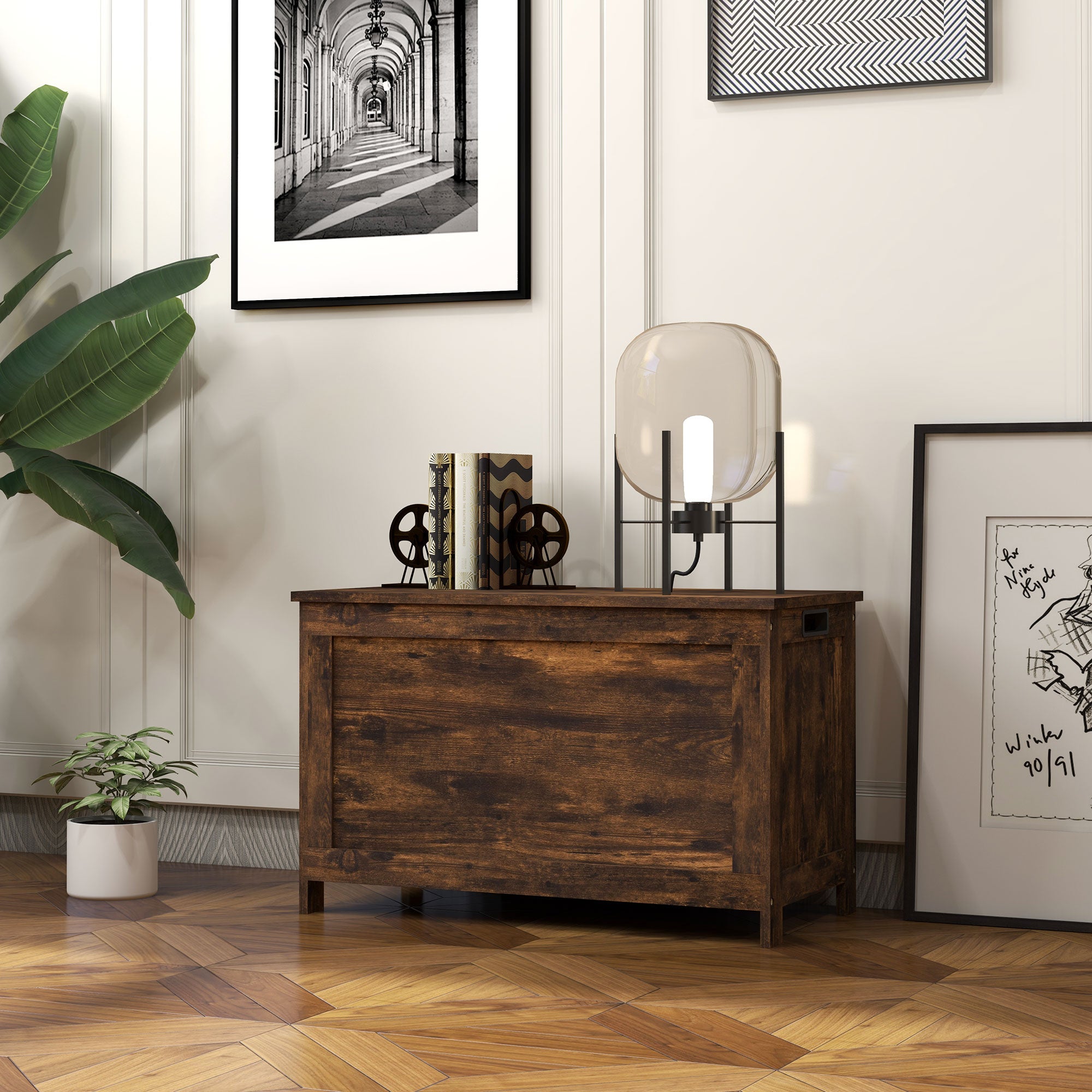 29.9" Storage Trunk w/ 2 Safety Hinges, Wooden Bench w/ Side Handles, Rustic Brown