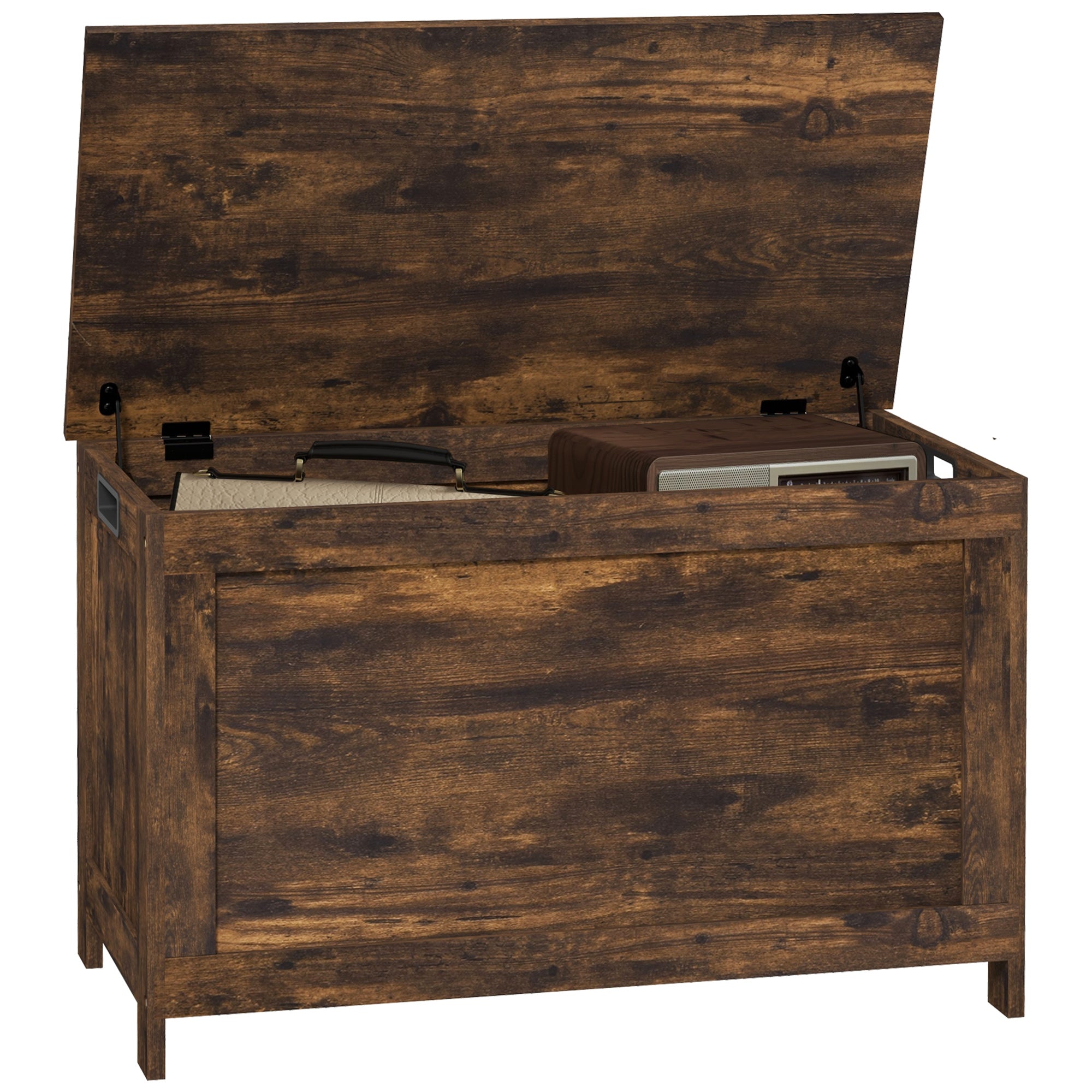 29.9" Storage Trunk w/ 2 Safety Hinges, Wooden Bench w/ Side Handles, Rustic Brown
