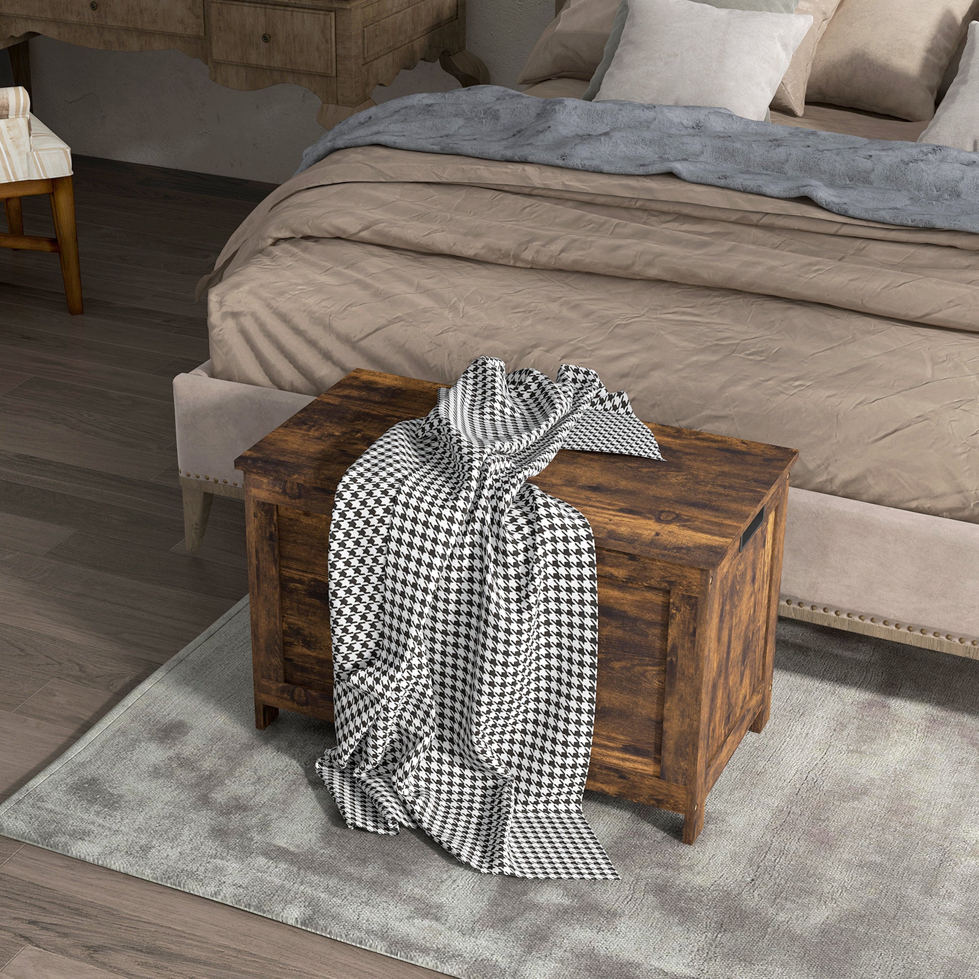 29.9" Storage Trunk w/ 2 Safety Hinges, Wooden Bench w/ Side Handles, Rustic Brown