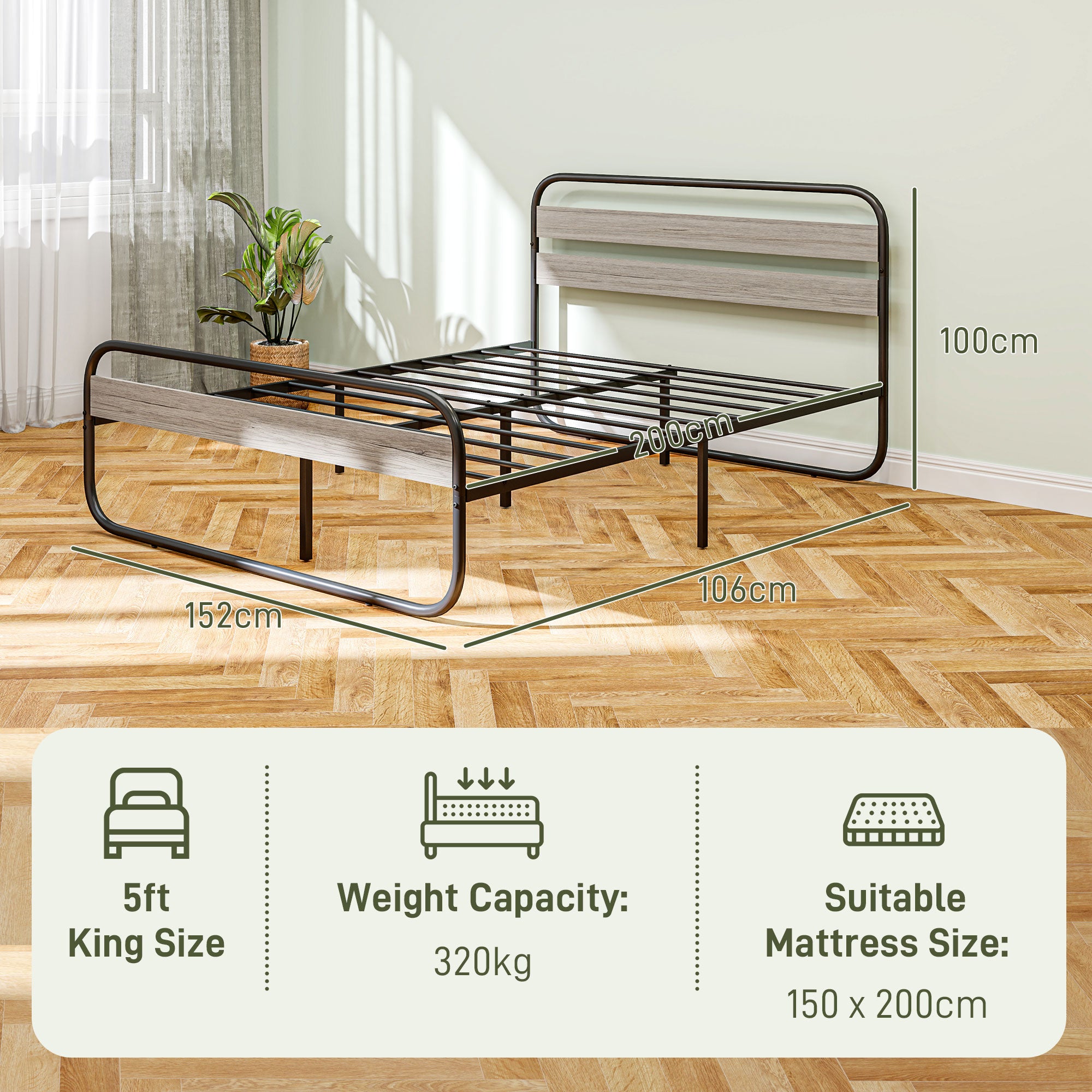 HOMCOM 5ft King Size Bed Frame, Industrial Style Metal Platform Bed Frame with Under Bed Storage, No Box Spring Needed, Easy Assembly, Grey