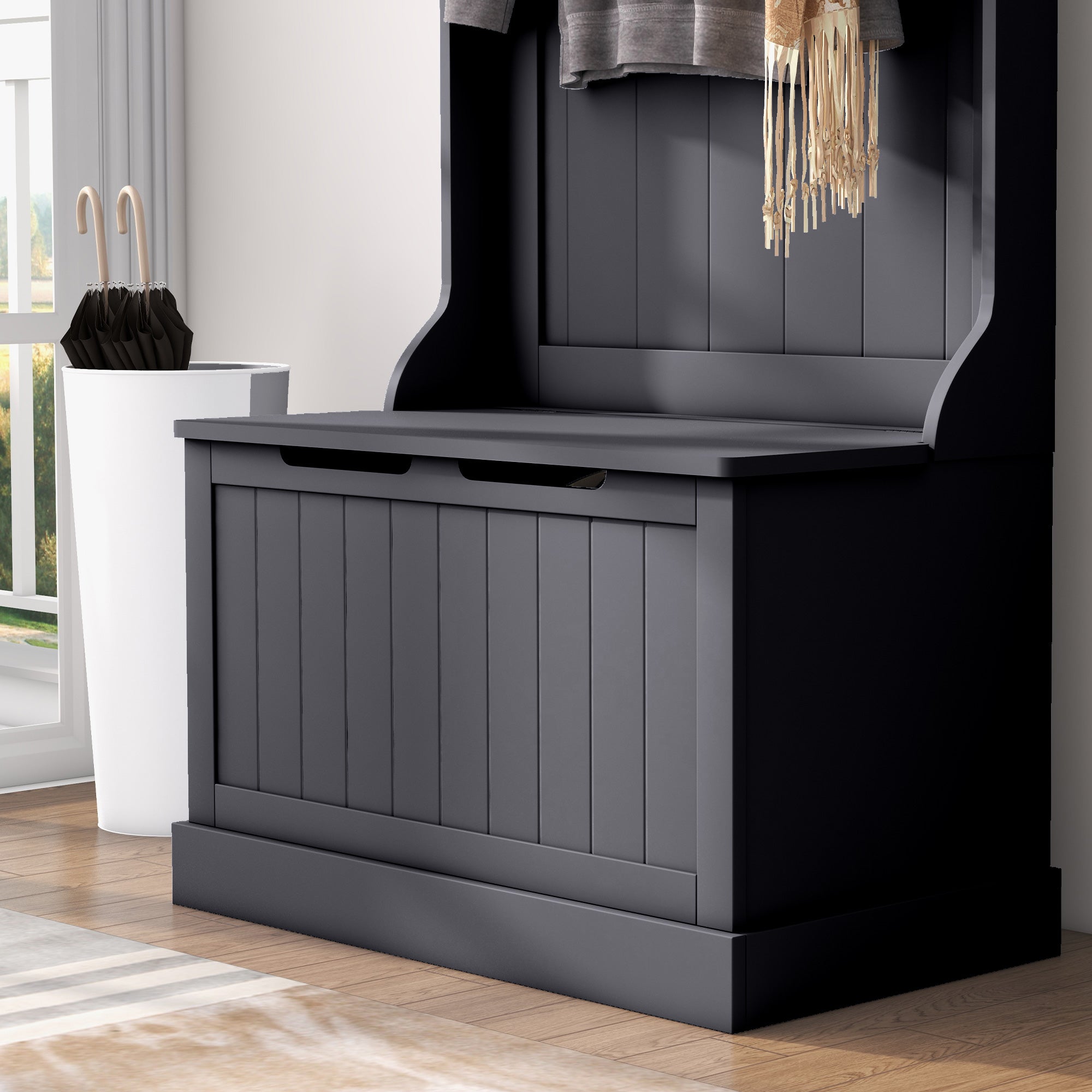 Entryway Hall Tree with Coat Rack, Mudroom Bench with Hidden Storage & Hooks, Black - HOMCOM