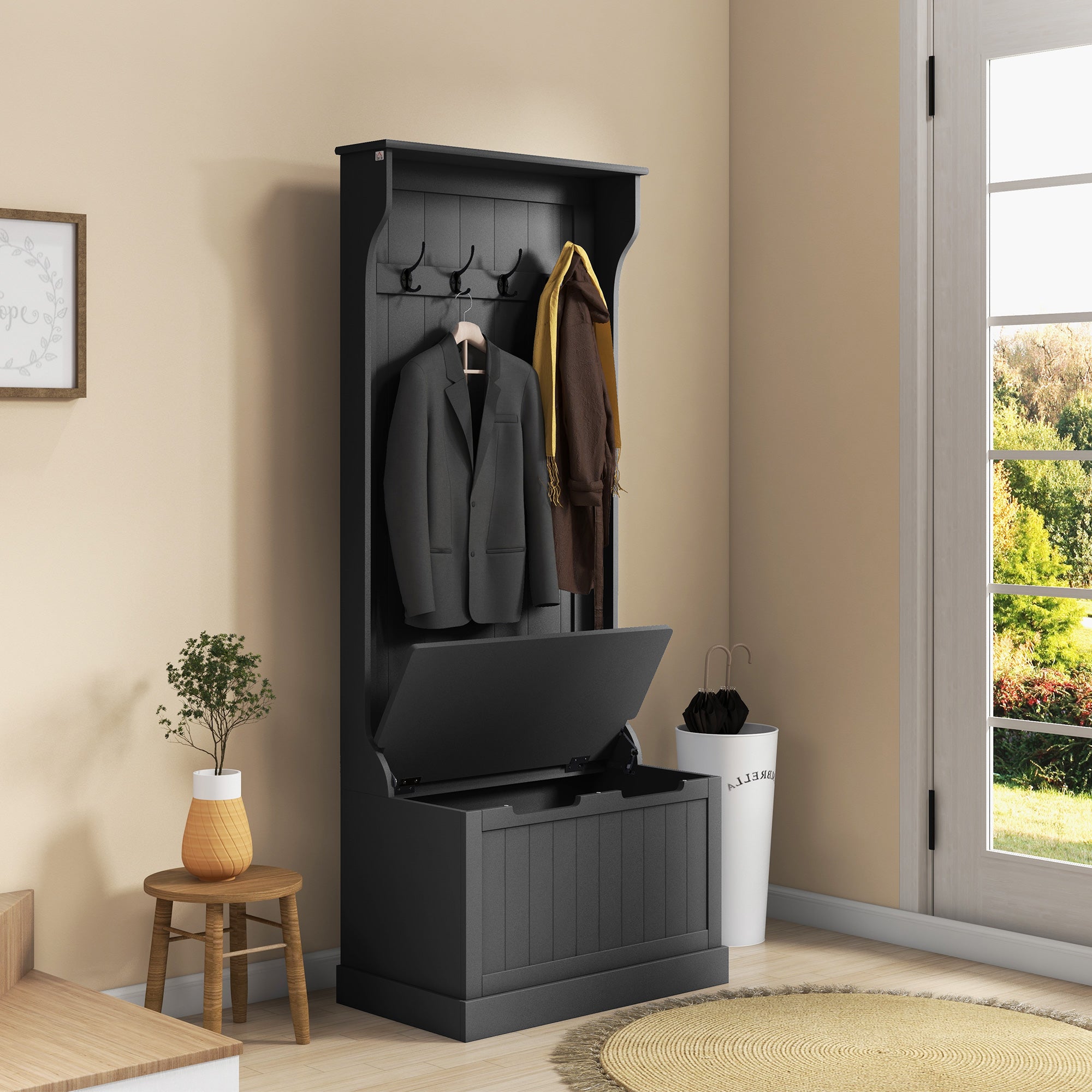 Entryway Hall Tree with Coat Rack, Mudroom Bench with Hidden Storage & Hooks, Black - HOMCOM