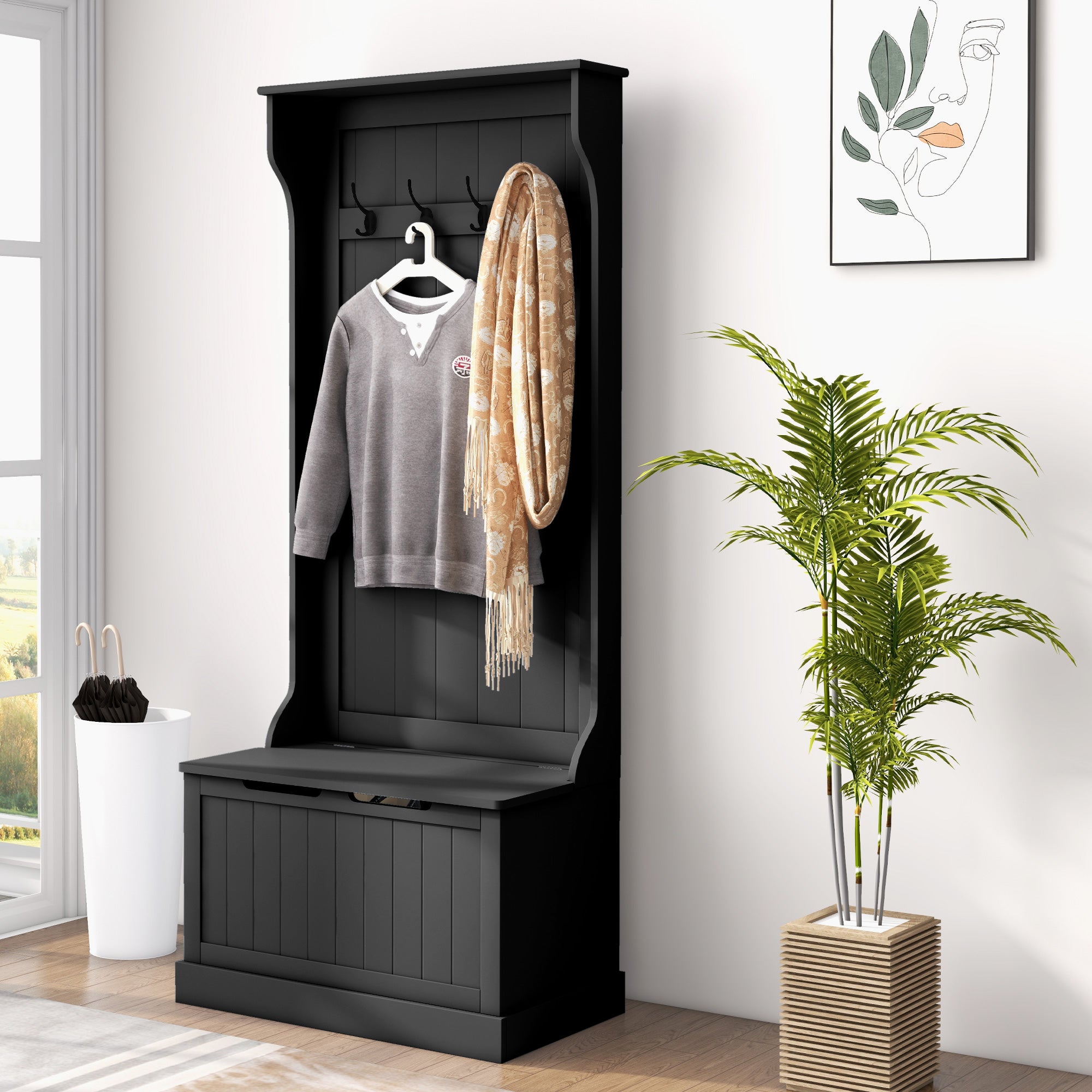 Entryway Hall Tree with Coat Rack, Mudroom Bench with Hidden Storage & Hooks, Black - HOMCOM