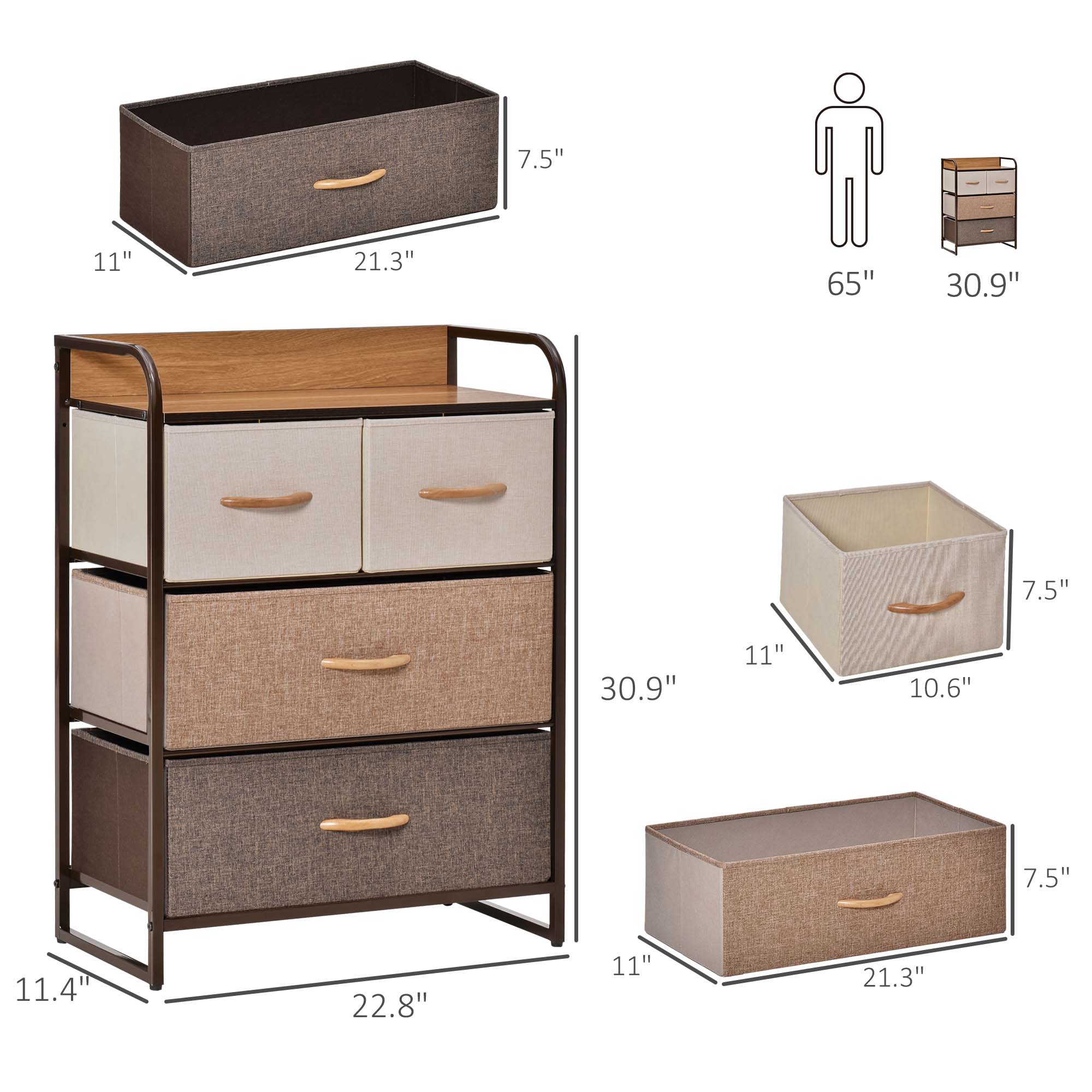 4-Drawer Dresser, Fabric Drawers, 3-Tier Storage Organizer for Bedroom Entryway, Tower Unit with Steel Frame and Wooden Top, Maple Wood